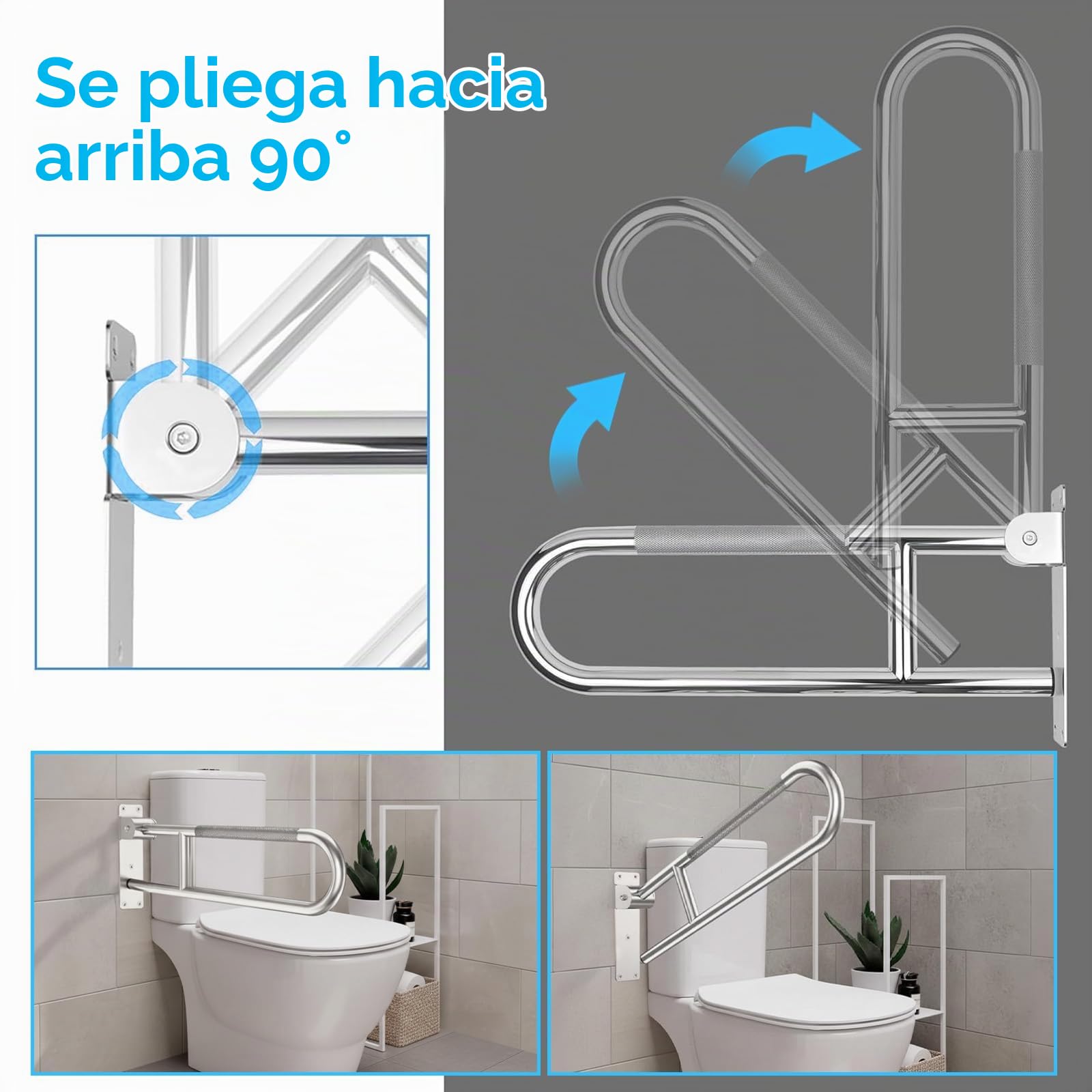 60cm Barra de Apoyo para Inodoro, Barras Minusvalidos Abatibles | Acero Inoxidable, Asidero Seguridad Baño Soporta 300-350 kg Antideslizante Montaje Pared Mango Agarre