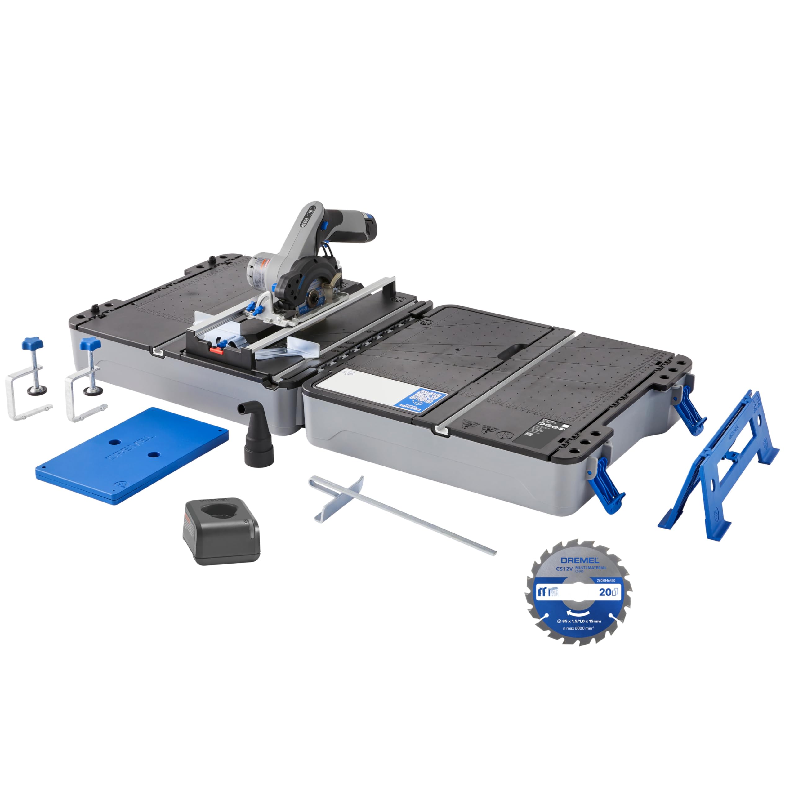 Dremel Blueprint Estación de Sierra Circular Portátil 12V Sin Escobillas con Estación de Trabajo 1x Disco Multimaterial, 1x Guia de Corte, 1x Adaptador de Polvo, 2x Gatos