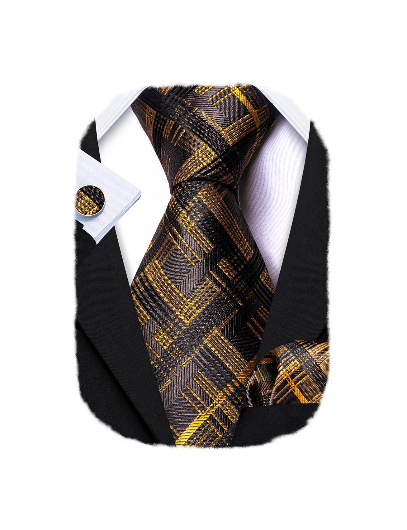 Barry.Wang Plaid Ties Checkered Mens Silk Necktie Handkerchief Cufflinks