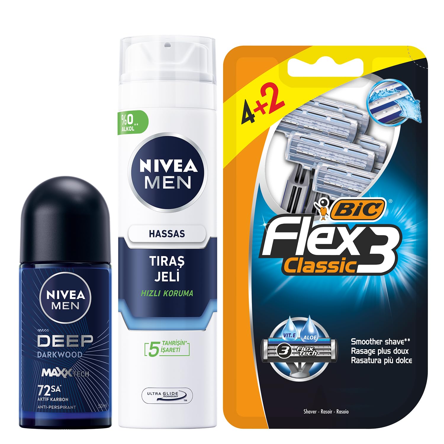 NIVEA MEN Erkek Roll On Deodorant Deep Dimension Darkwood 50ml + Tıraş Jeli 200 ml + BIC Flex 3 Erkek Tıraş Bıçağı 6'lı Blister (3 Bıçak)