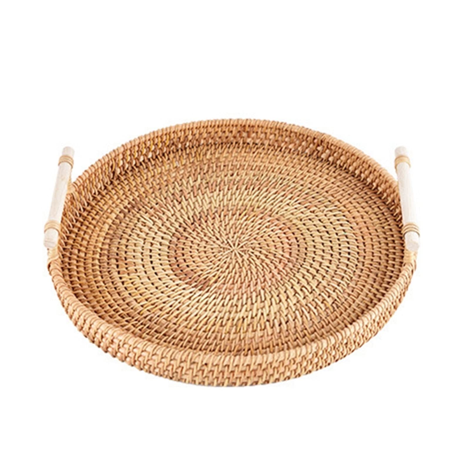 JINGYAN Breakfast Trays Handwoven Rattan Storage Tray With Wooden Handle Round Basket Bread Food Plate Fruit Cake Platter Dinner Serving(L)