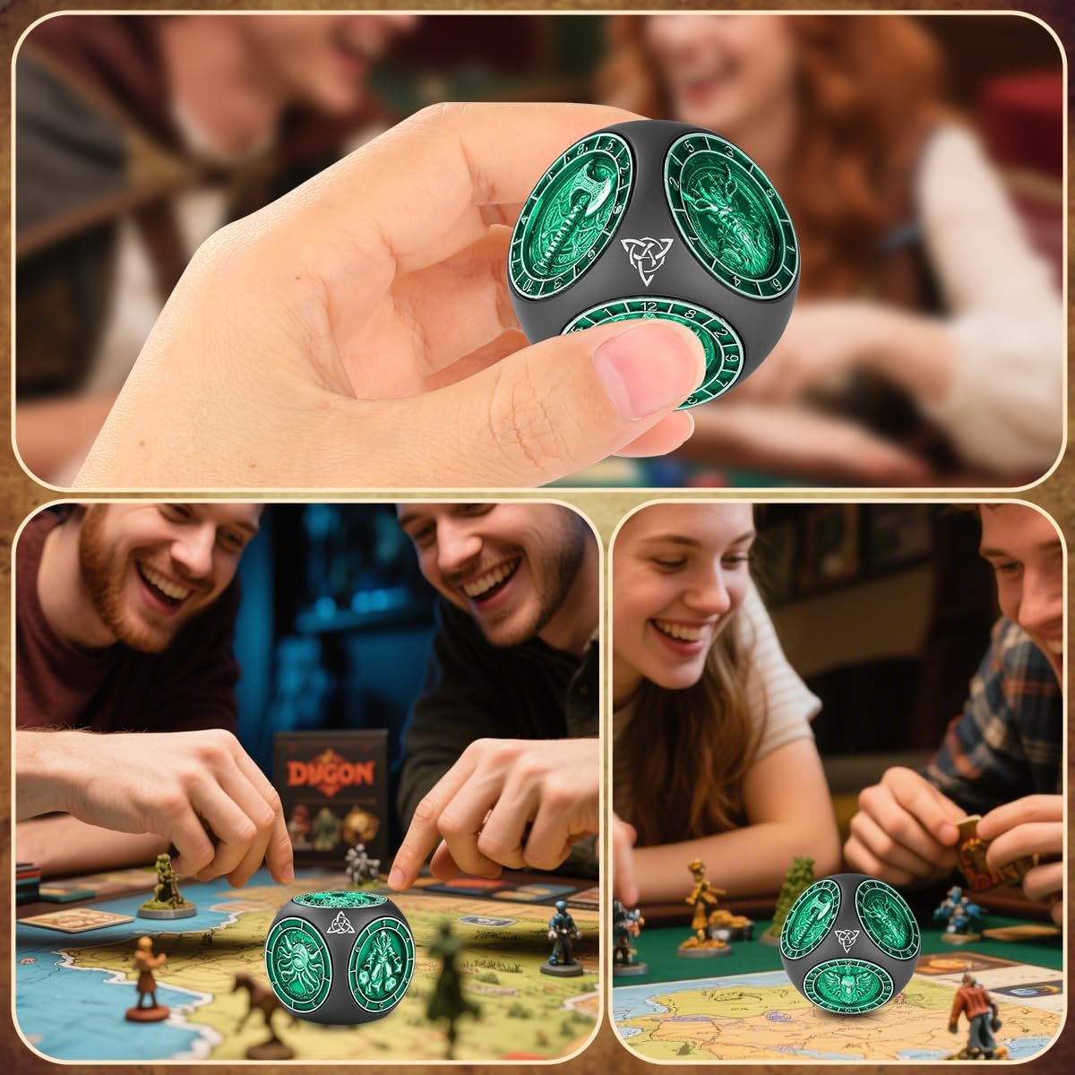 DND Fingertip Spinner Dice, Metal Dice Set with 3D Pattern, Polyhedral Rotating Game Dice, for DND Gifts with Dragon Logo Gift Box, Role Playing Board Game Accessories, Black & Green