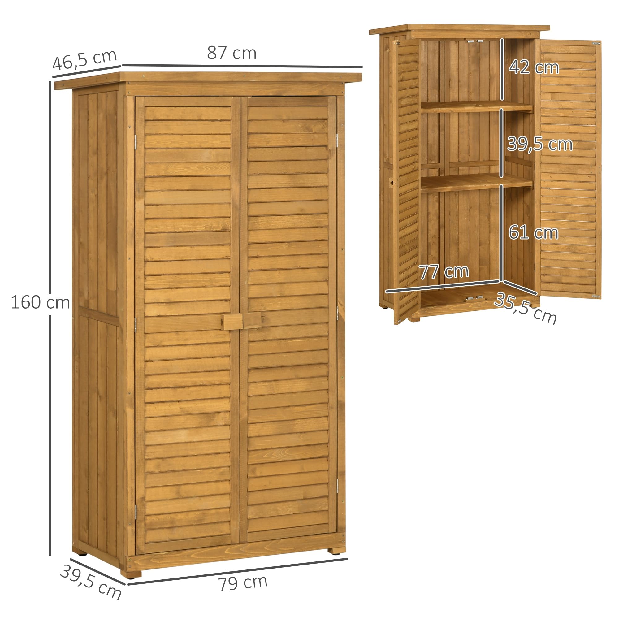 Outsunny Abri de Jardin abri à Outils sur Pied en Bois 2 étagères Portes à Volets Toit en Bitume incliné 87 x 47 x 160 cm Naturel
