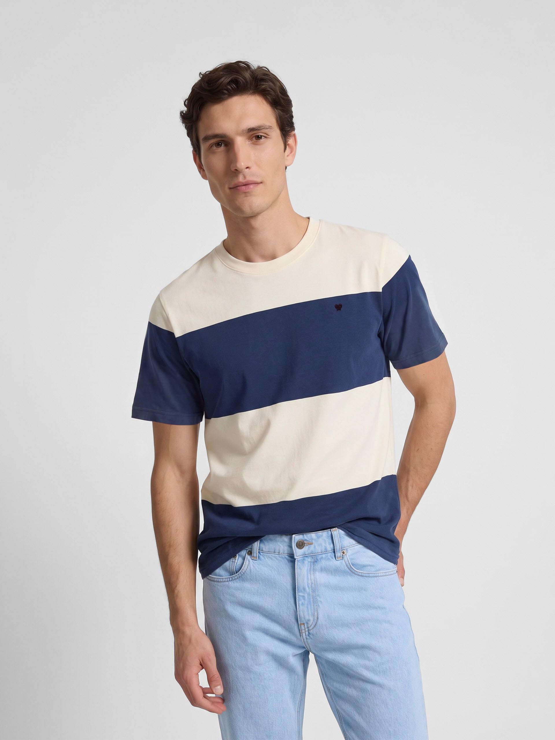 SILBON Camiseta Raya Ancha Azul Marino T-Shirt Uomo (Pacco da 1)