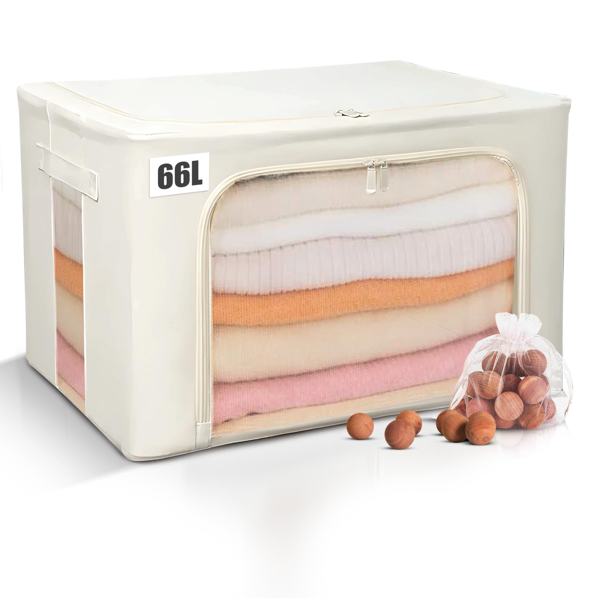 66L Large Cashmere Sweater Storage Bag with Steel Frame | Natural Red Cedar Protection | Foldable Closet Organizer with Oxford Fabric, Mesh Windows | Premium Garment Box for Wool, Winter Coat, Clothes