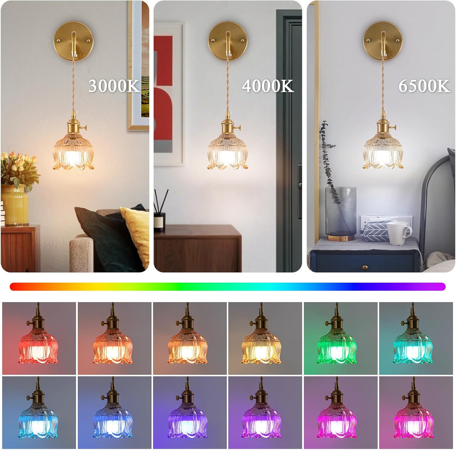 Vintage Battery Operated Wall Sconce Set of 2, Amber Glass Lampshade Wireless Rechargeable Battery Powered Wall Light, RGB Wall Sconce Fixtures for Bedroom, Living Room