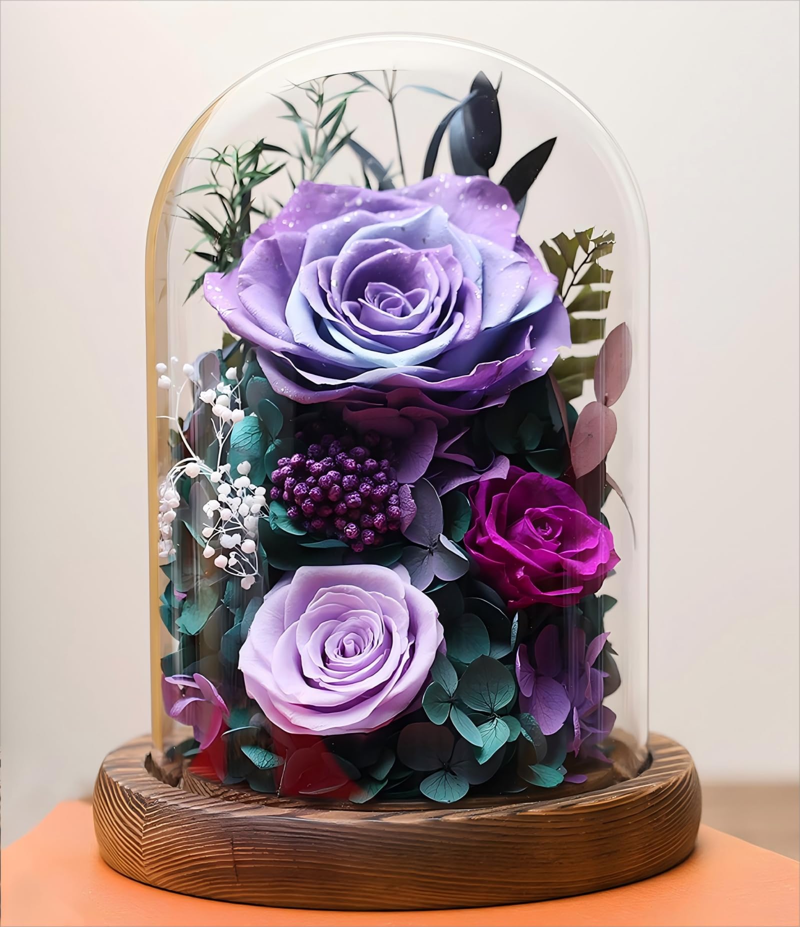 Dsuto Valentine's Day Flowers Gifts for Her - Preserved Rose in Glass Dome with LED Light, Forever Fresh Flowers Bouquet for Delivery as Birthday