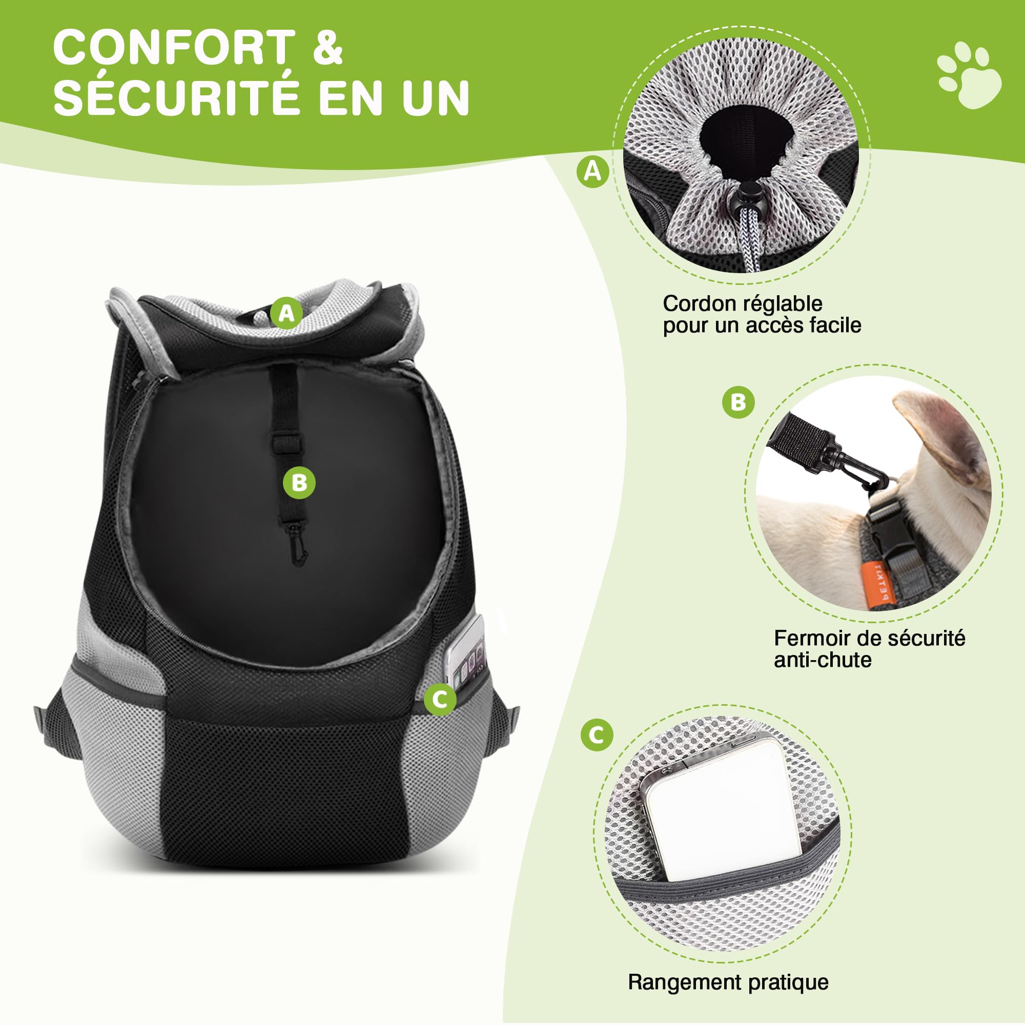 ALLSOPETS Sac à Dos Chien, Sac Transport Chiens et Chats, Noir Charbon, L | Porte-Chien Réglable et Respirant avec Design Confortable, Idéal pour Vélo, Moto, Randonnée et Voyages en Plein Air