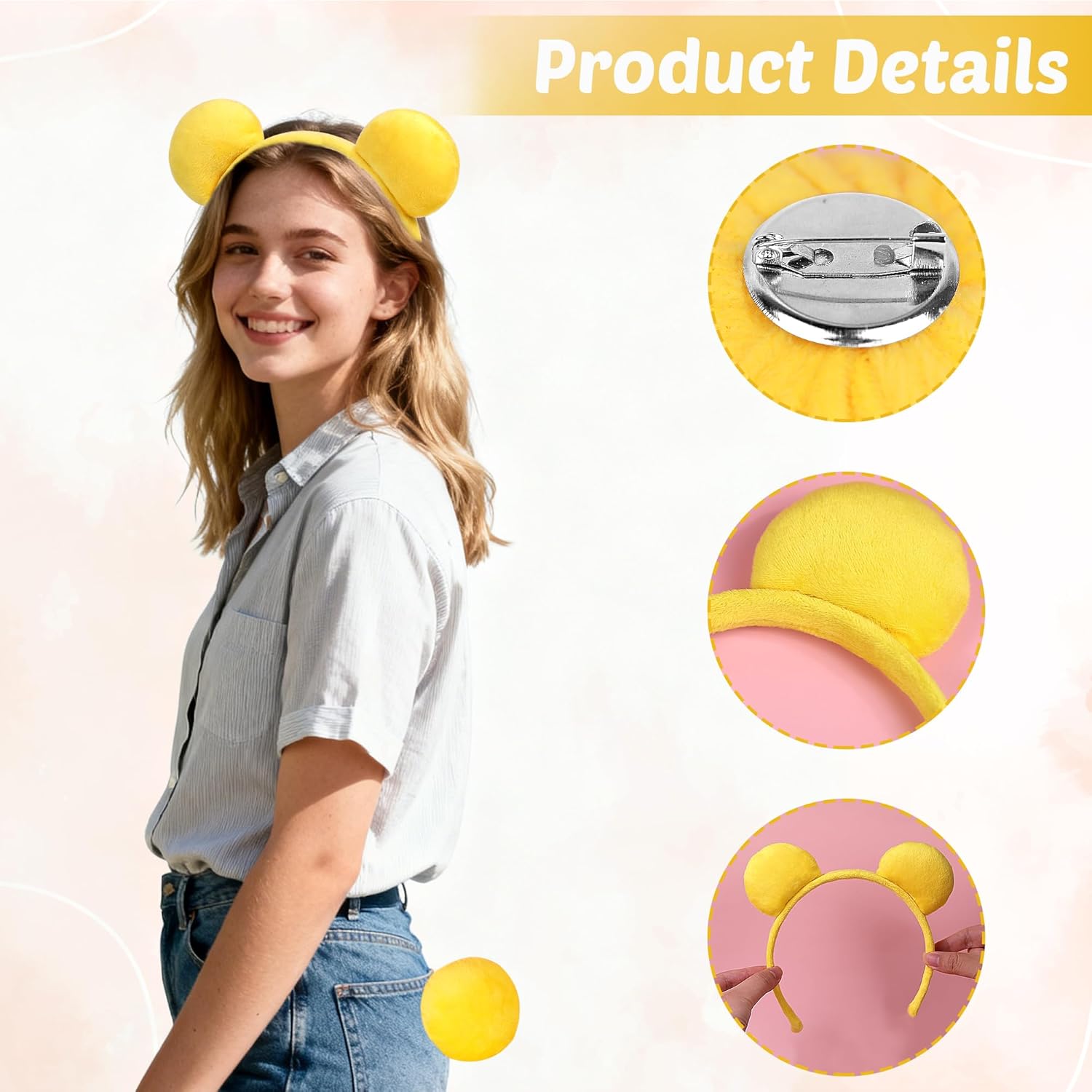 Yellow Bear Ears Headband and Tail, Halloween Costume for Adult Women, Yellow Ears Headband for Cosplay Accessories Party Supplies - Image 3