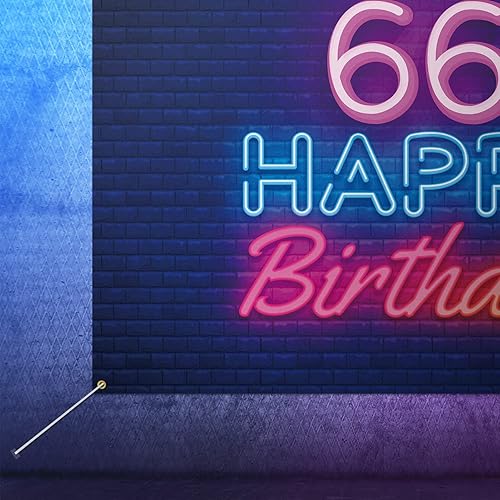 Miniatura 5 de Cartel de fondo de neón brillante con texto en inglés "Happy 66th Birthday", decoración temática de fiesta de cumpleaños de 66 años para hombres y