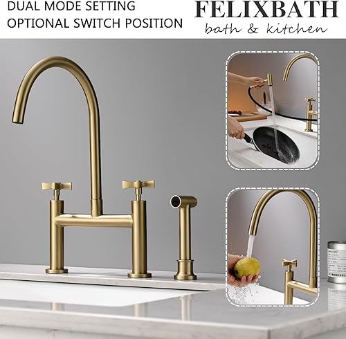 Miniatura 3 de Grifo de puente de cocina con rociador lateral, grifo de cocina de latón de 8 pulgadas, 2 asas, 3 agujeros, montaje en cubierta, grifo de fregadero