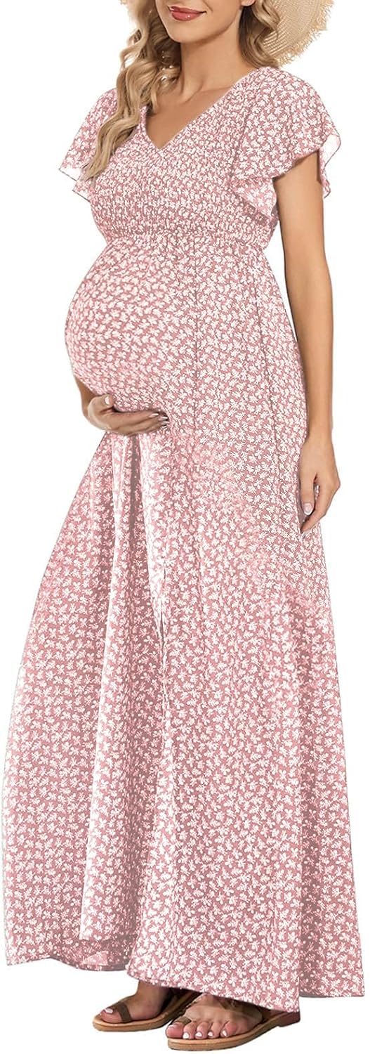 Floral Print V Neck Maternity Dress Boho Baby Shower Photoshoot Smocked Flutter Sleeve Split A Line Dress