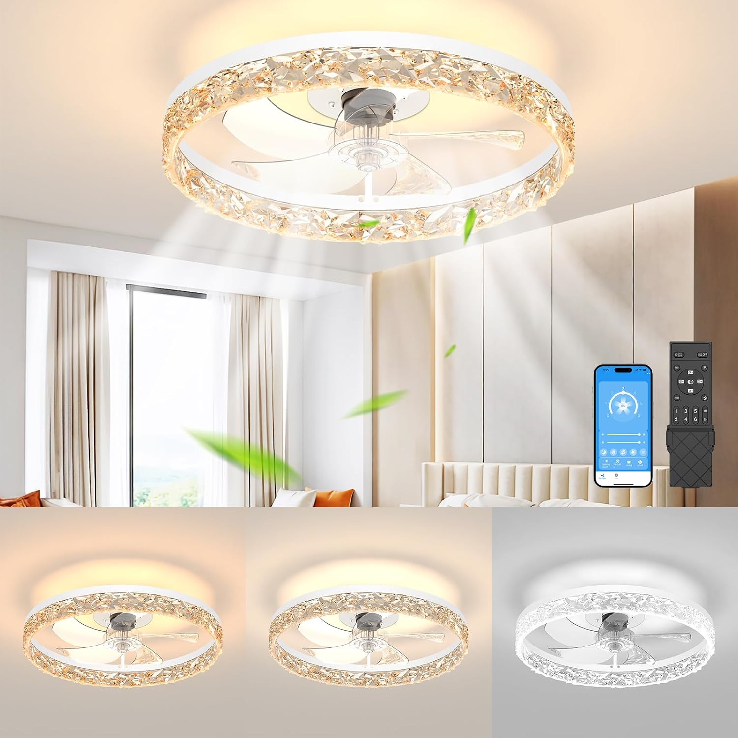 Ceiling Fans with Lights, 19.7in White Flush Mount Fandelier Ceiling Fans with Lights and Remote, 3000k-6000k Dimmable Modern Smart Bladeless Low Profile Ceiling Fan with Light for Bedroom Crystal-White 19.7inch
