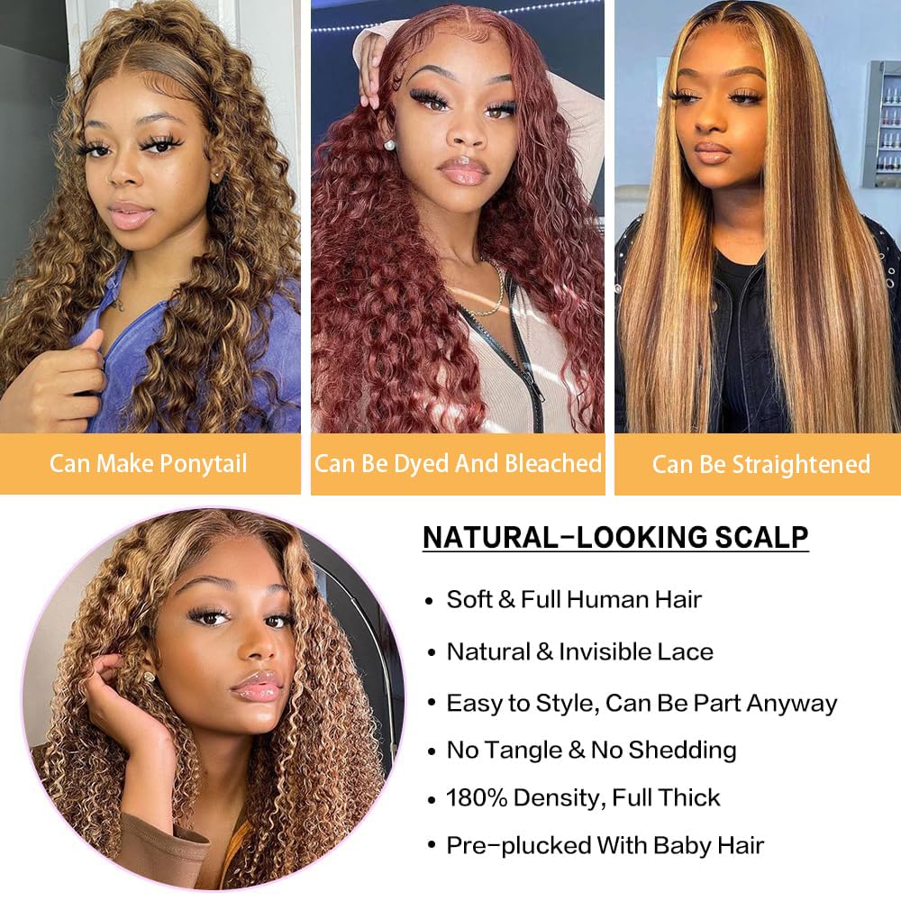 Tylokra 28inch Highlight Ombre Lace Front Wig Human Hair 13x6 HD Honey Blonde 4/27 Deep Wave Lace Frontal Wigs Glueless Wigs Human Hair Product Image 5