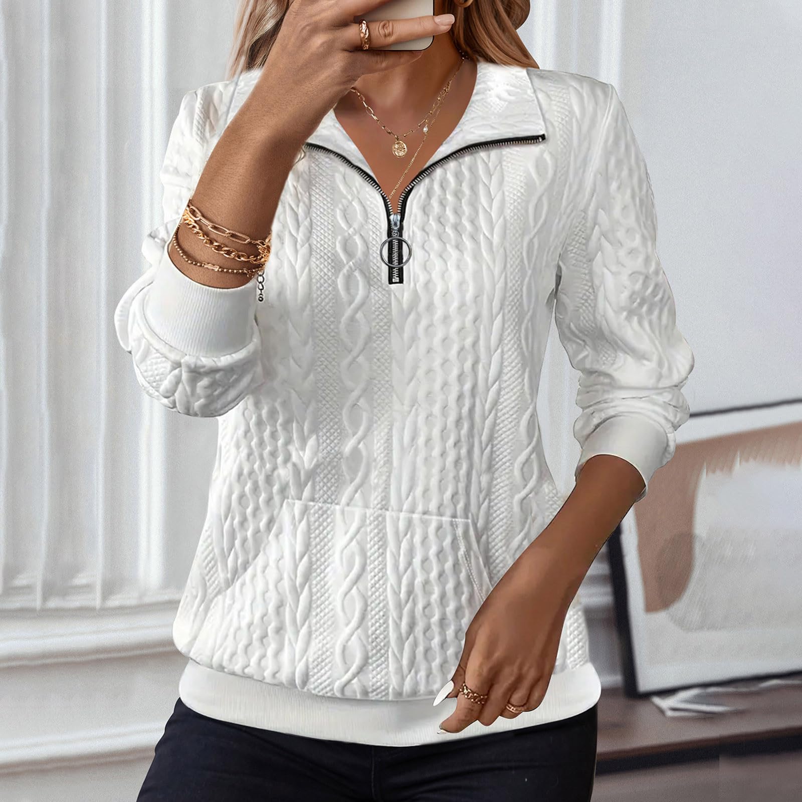 Sweat Femme Décontracté Pull Femme Col Montant avec Fermeture Éclair Haut Ample À Manches Longues Couleur Unie Jacquard Sweatshirt avec Poche Confortable Sport Top Blouse Automne Et Hiver
