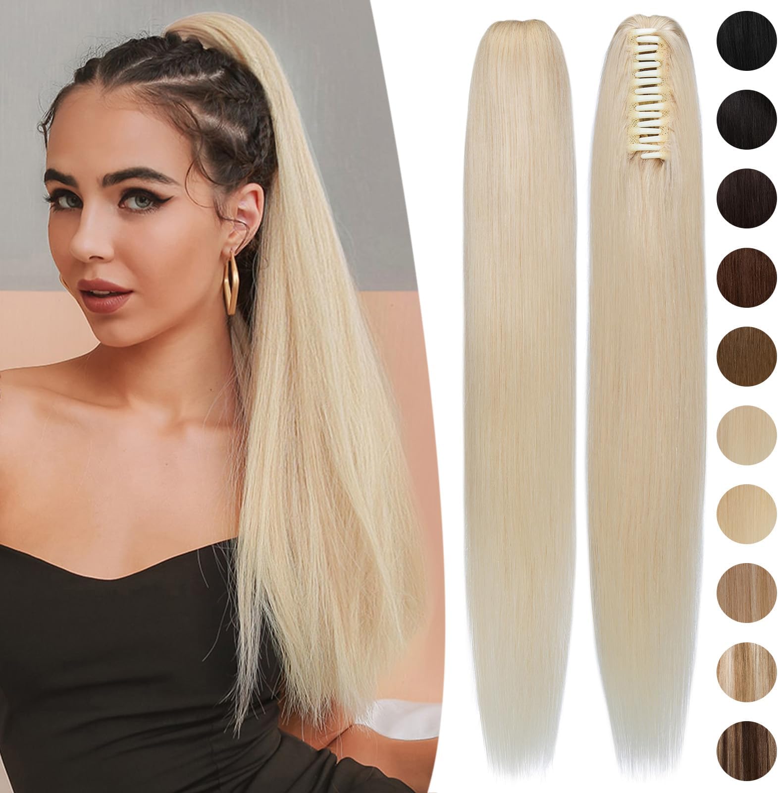 Claw Clip Ponytail Extension Human Hair Real Remy Human Hair Ponytail Extension Long Straight Hair Pony Tails Hair Extensions For Women 18inch #60 Platinum Blonde 115Grams