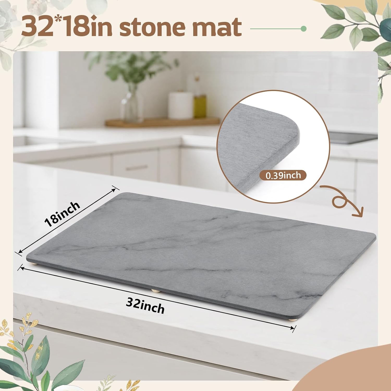 1 Pcs 32" x 18" Extra Large Stone Dish Drying Mat for Kitchen Counter Marble Diatomaceous Earth Mat with Wooden Feet Absorbent Quick Dry for Pot Dishes Bottles Cups Bottles Tableware