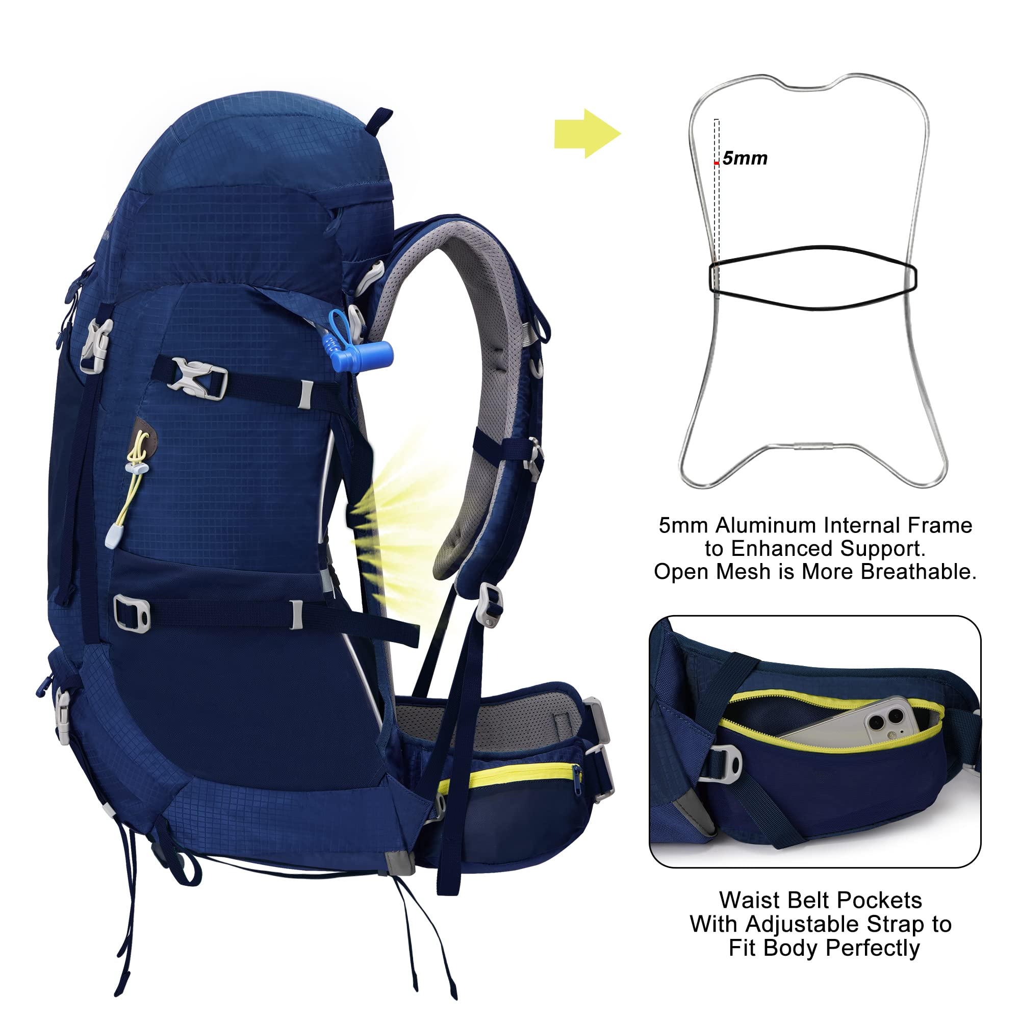 N NEVO RHINO Internal Frame Hiking Backpack 50/60/65/70/80L, Mountain Climbing Camping Backpack Daypack Waterproof Rain Cover