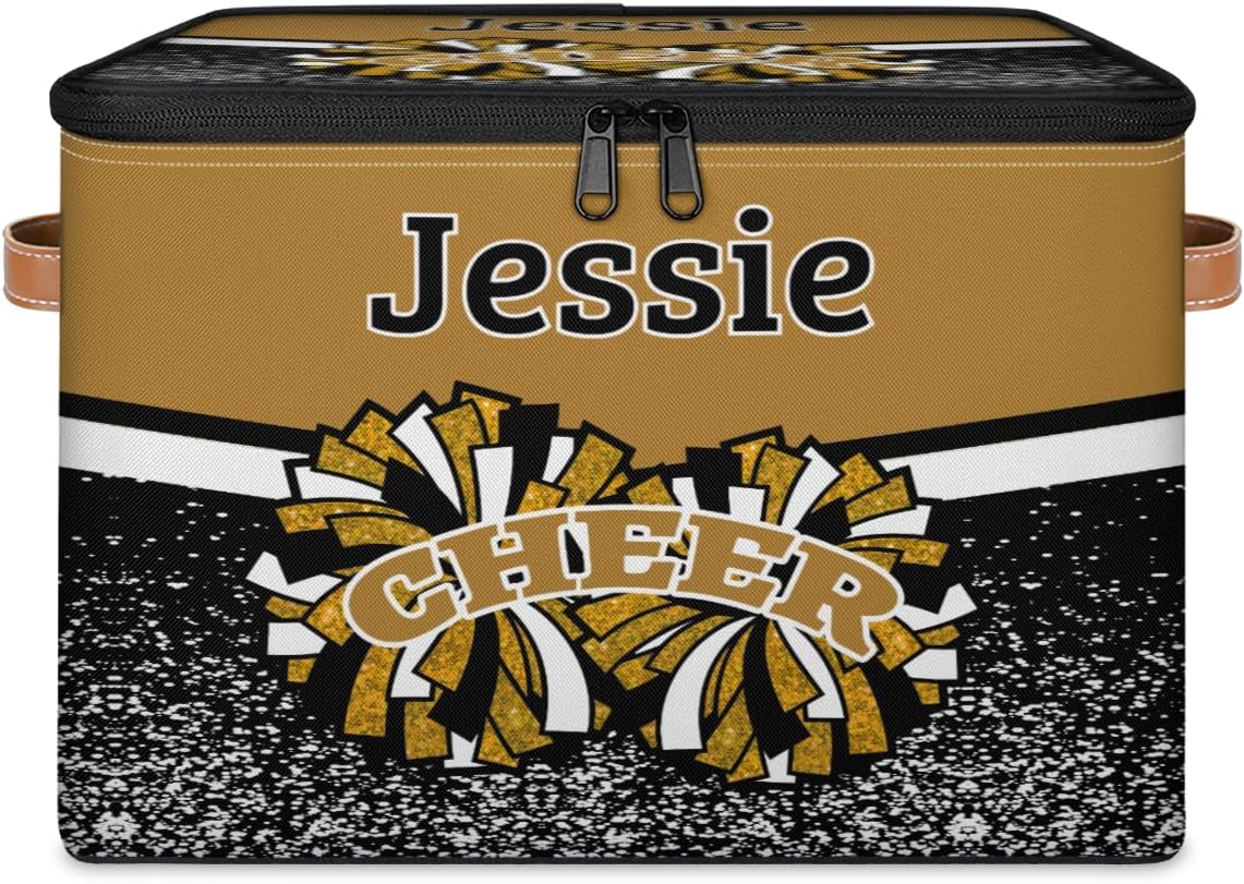Personalized Name Cheer Storage Bins with Zipper Lid, Foldable Storage Boxes Storage Baskets, Custom Fabric Closet Shelf Clothes Organizer Container, Brown Black