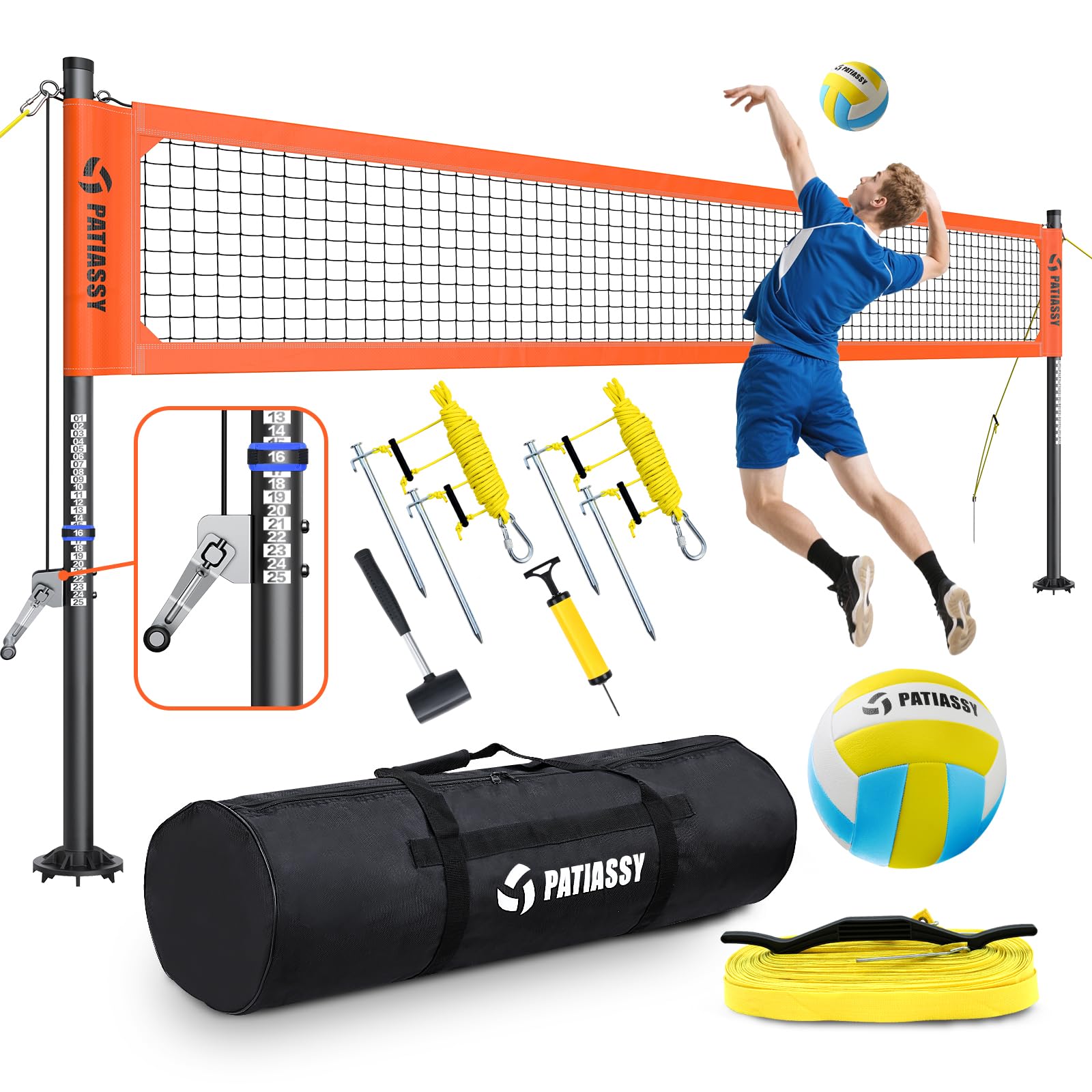 Professionelles Volleyballnetz für den Garten Mit Höhenverstellbar Stangen [Anti-Rost Beschichtung], Grenzlinie, PU Volleyball, Pumpe, Seilspanner, Tragetasche 5-Minuten-Montage (9,75m*1m)