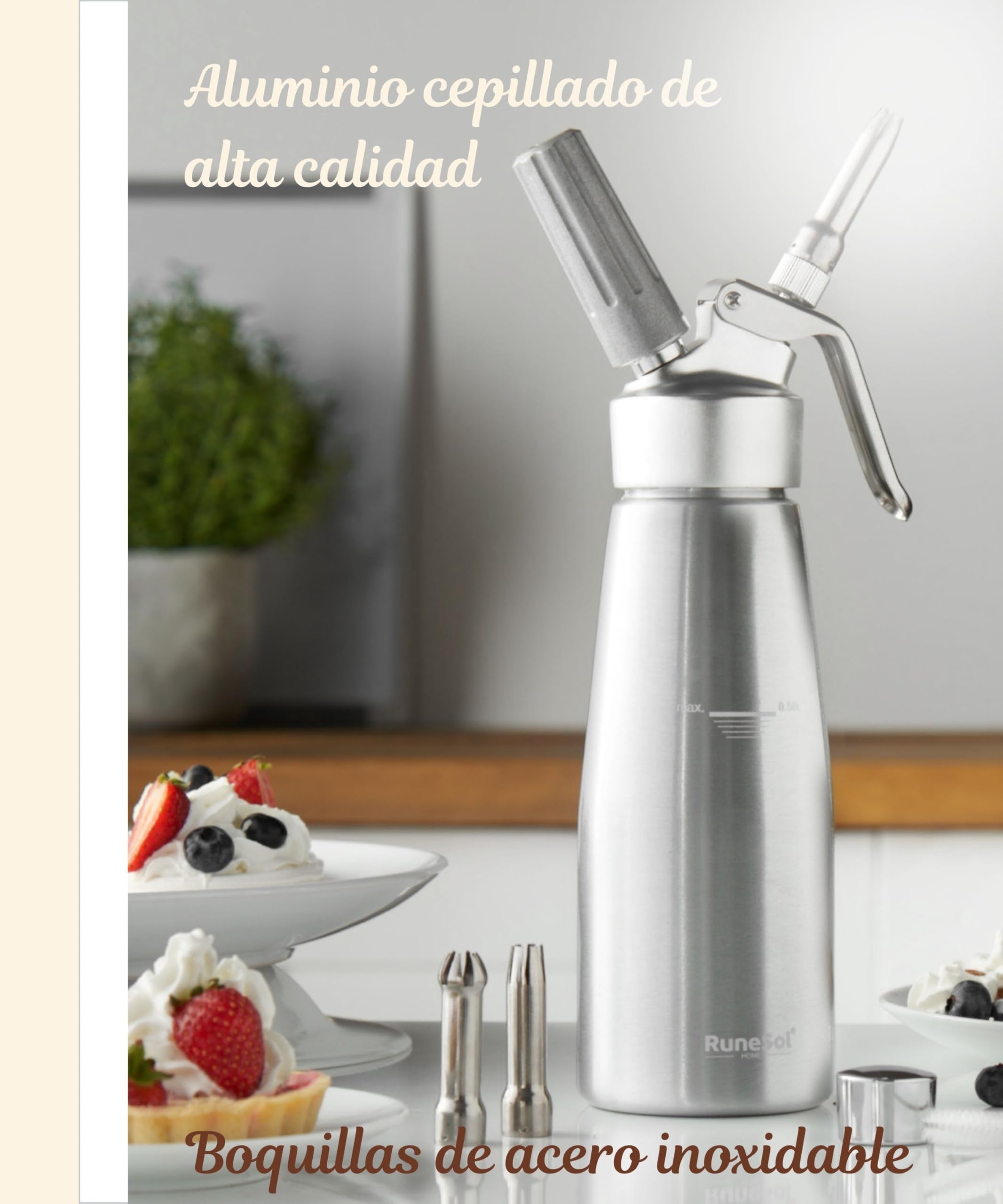 Runesol Sifón de Cocina Profesional Aluminio 500ml, Sin Fugas, 3 Boquillas de Acero Inoxidable, Sifon Cocina para Espumas, Facil de Usar Sifones de Cocina para Postres y Nata Montar, Siphon de Espuma