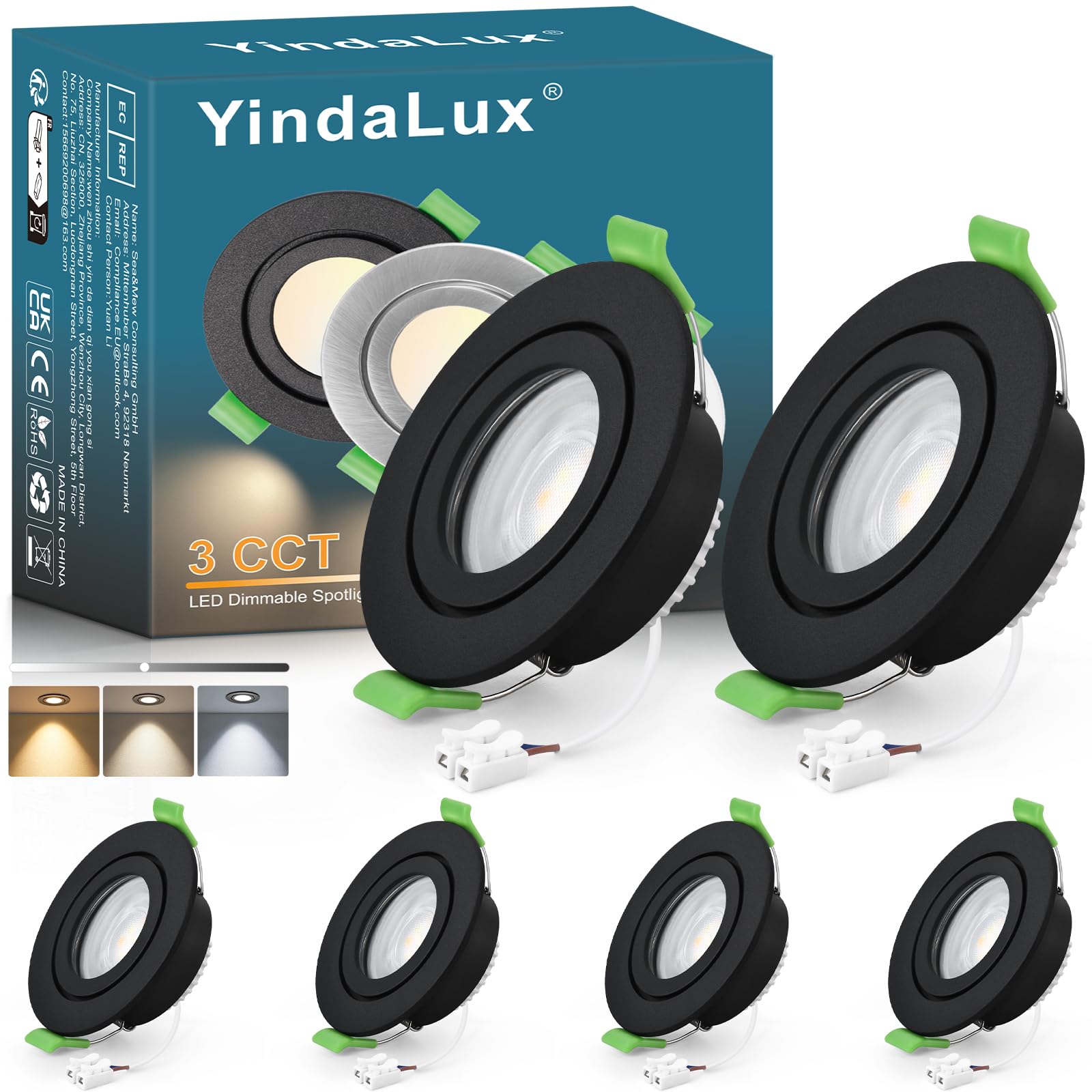 YindaLux 6 sztuk LED reflektor do zabudowy 230 V IP65 ściemniany 2700K / 4000 K / 6000 K reflektor do zabudowy GU10 rama wraz z modułem LED 5 W, matowy czarny reflektor sufitowy okrągły płaski