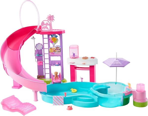 Barbie - Piscina dei Sogni, set con 6 aree di gioco tra cui scivolo e idromassaggio, cuccioli, galleggianti e oltre 20 accessori inclusi, giocattolo per bambini, 3+ anni, JKG83 - 5