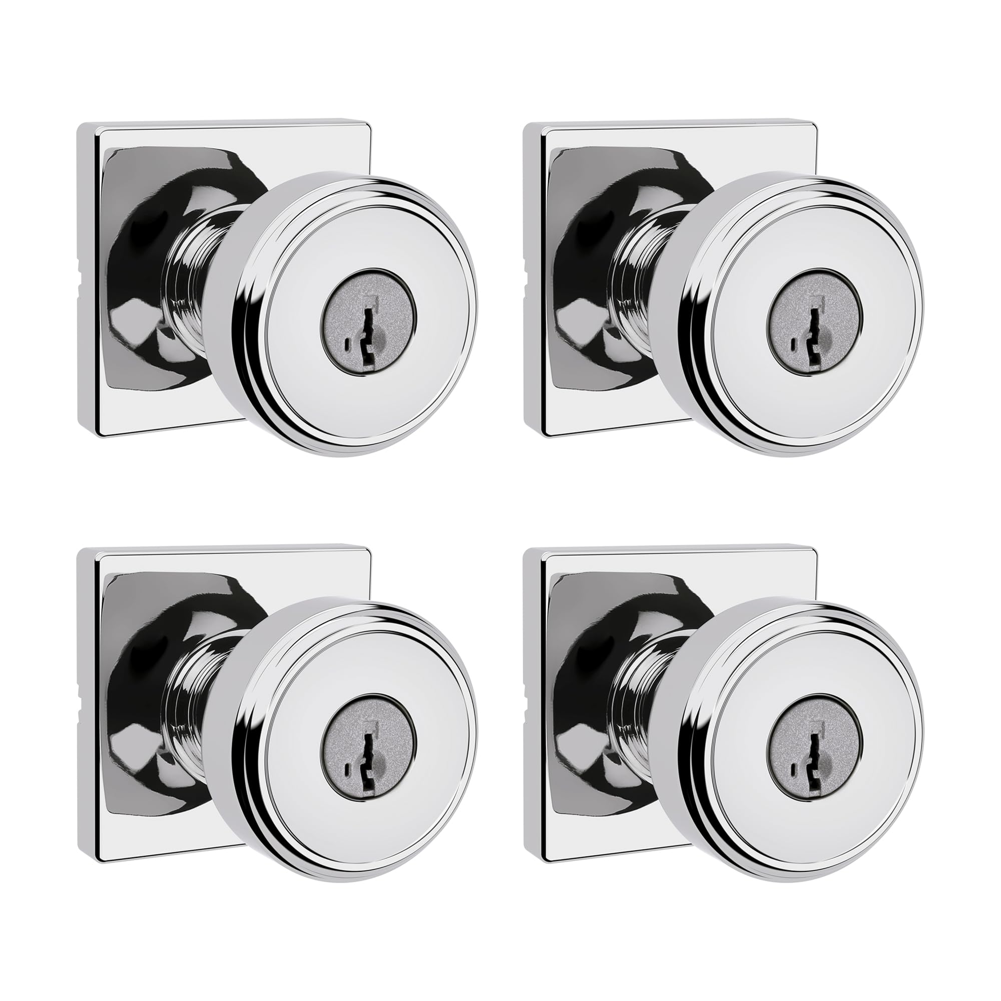 Kwikset Maven Entry Door Knob with Lock and Key, Secure Keyed Handle Exterior, Front Entrance and Bedroom, Polished Chrome, 4 Pack, Pick Resistant SmartKey Rekey Security