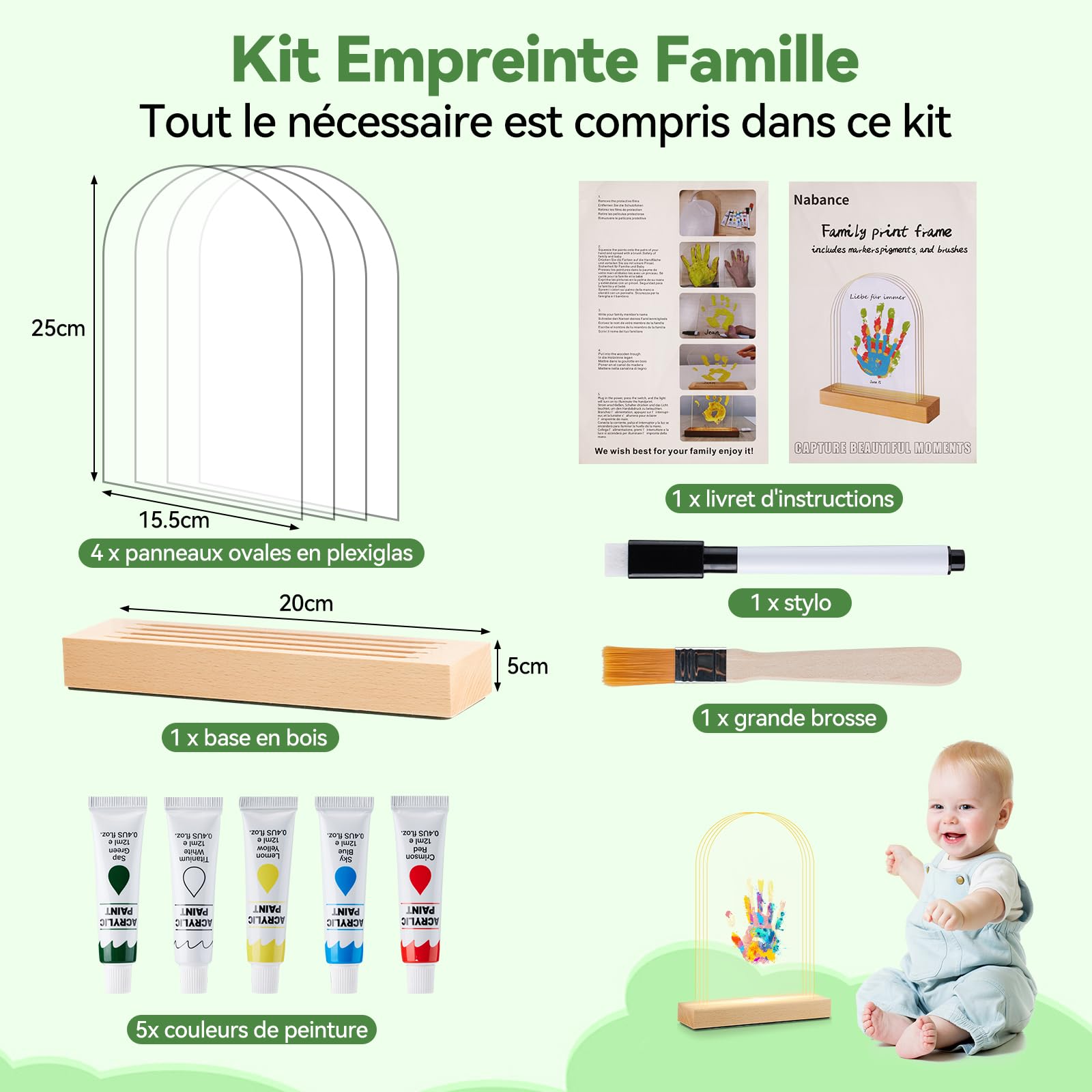 Nabance Empreinte Main Famille pour 4, Base en bois avec LED lumière, Empreinte Main Pied Bebe Idéal Cadre Empreintes Famille Cadeau Fete des Meres Cadeau Jeunes Parents Naissance Fille Garcon