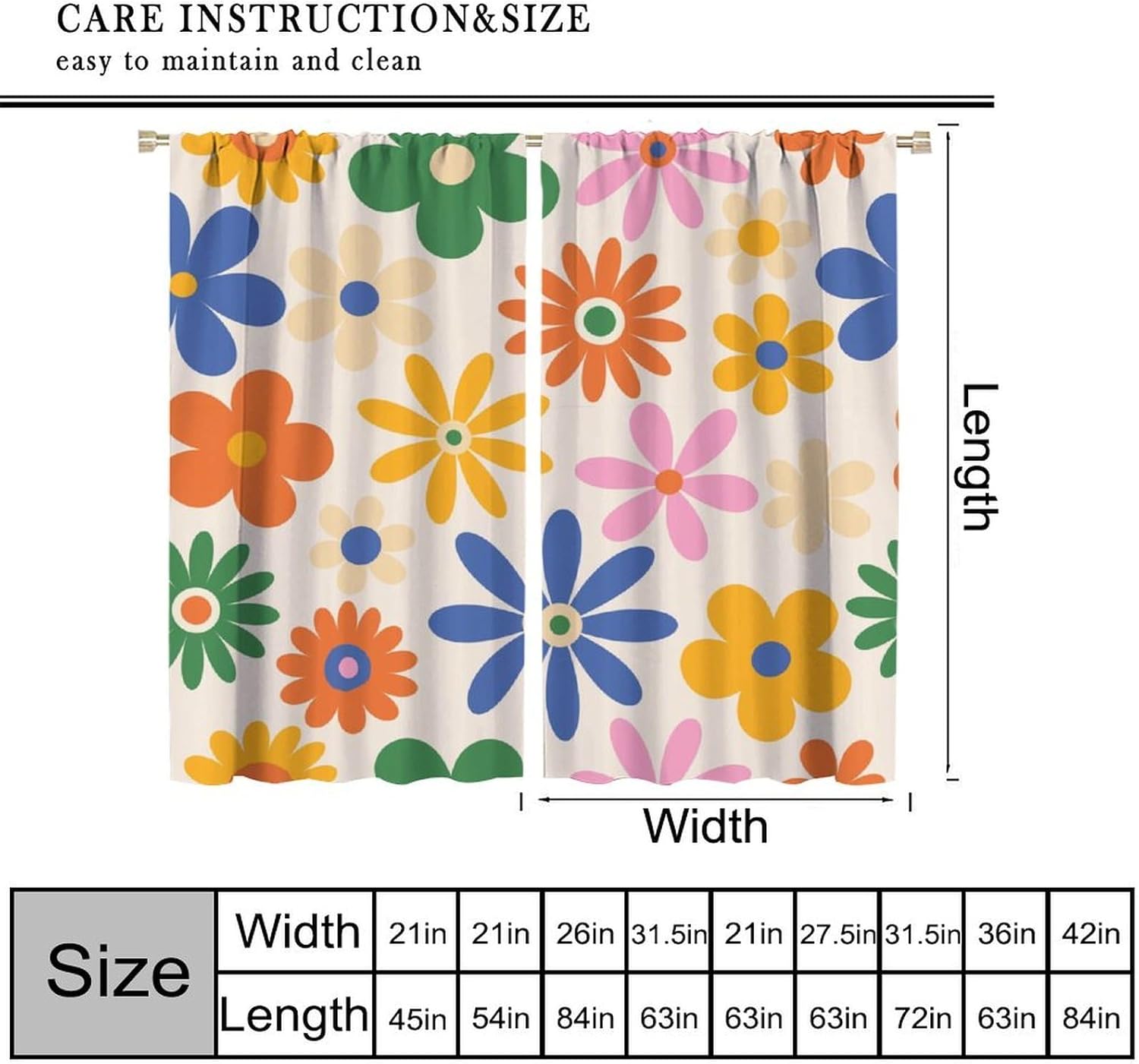 Retro 70s Groovy Floral Curtains Vintage Hippie Colorful Daisy Flowers Pattern Blackout Print Rod Pocket Window Drapes for Bedroom Living Room 42x54in