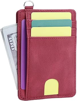 Slim Minimalist Wallet, Front Pocket Wallets with ID Window PU Leather, RFID Blocking, Credit Card Holder with D-Shackle for Men & Women Burgundy Red
