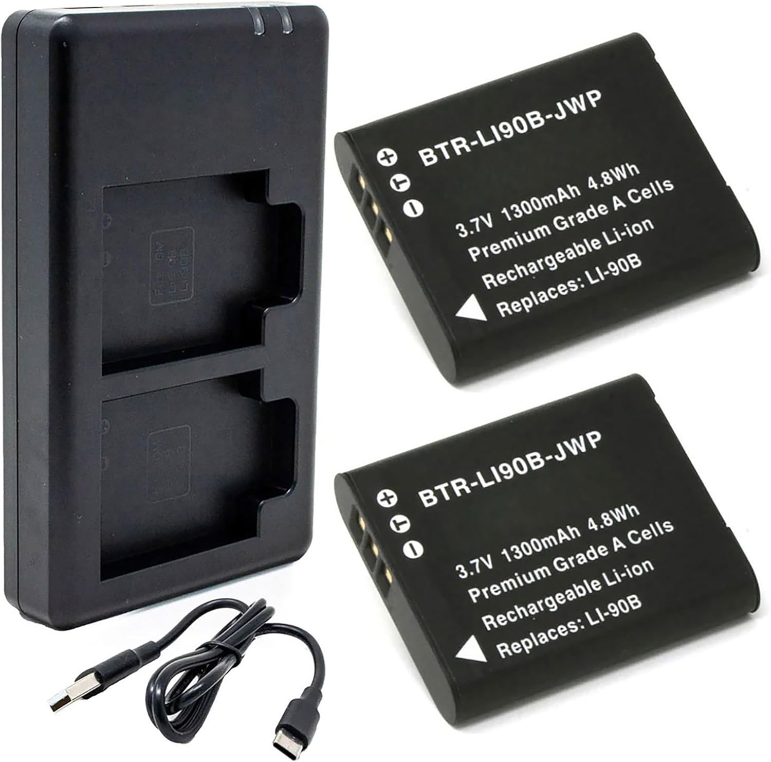 Replacement Battery for Ricoh Theta X (2-Pack, 1300mAh) and USB-C Dual Charger