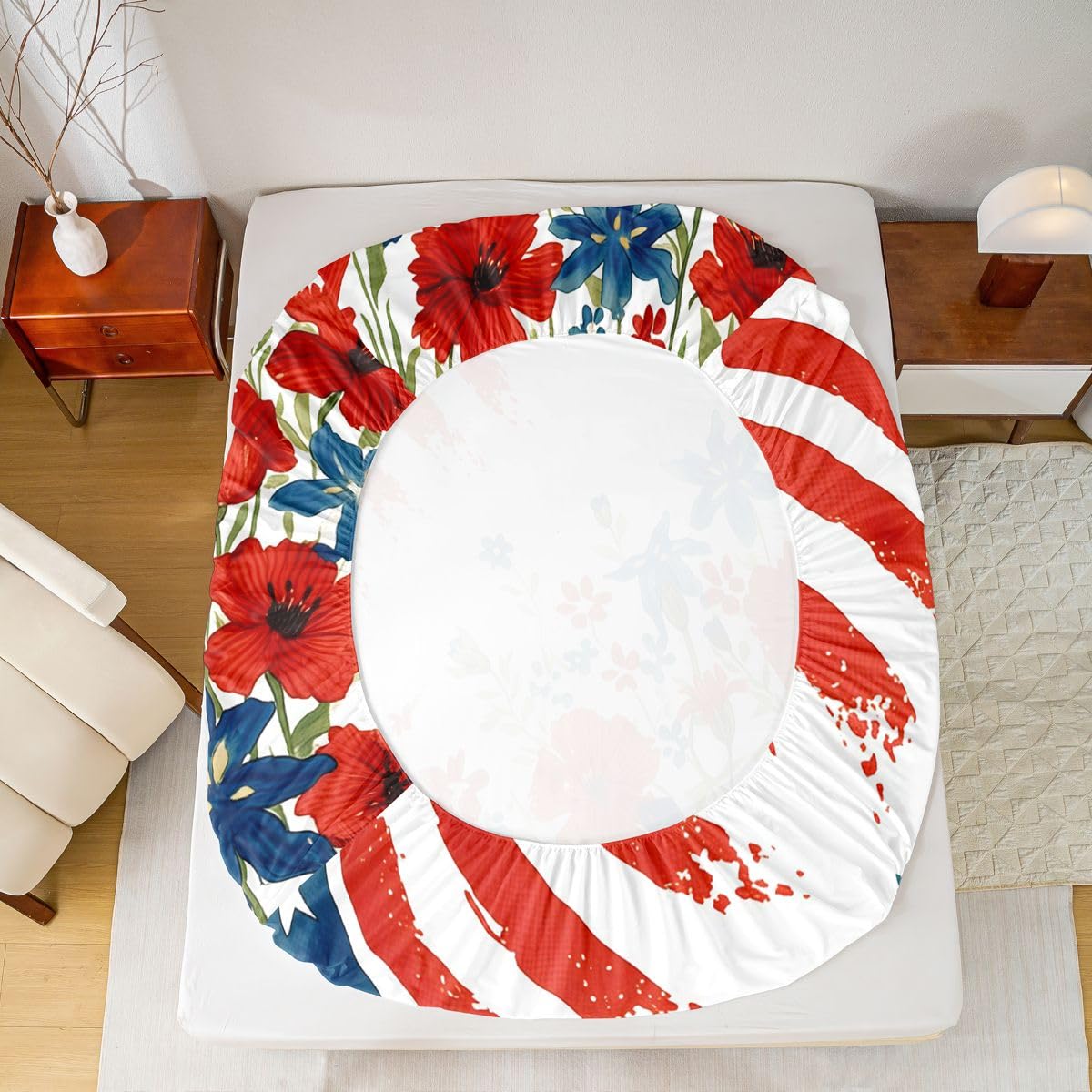 Manfei Juego de sábanas bajeras de 3 piezas con diseño de bandera estadounidense, diseño de flores de acuarela, estilo patriótico y rústico con 2 fundas de almohada, decoración de habitación infantil