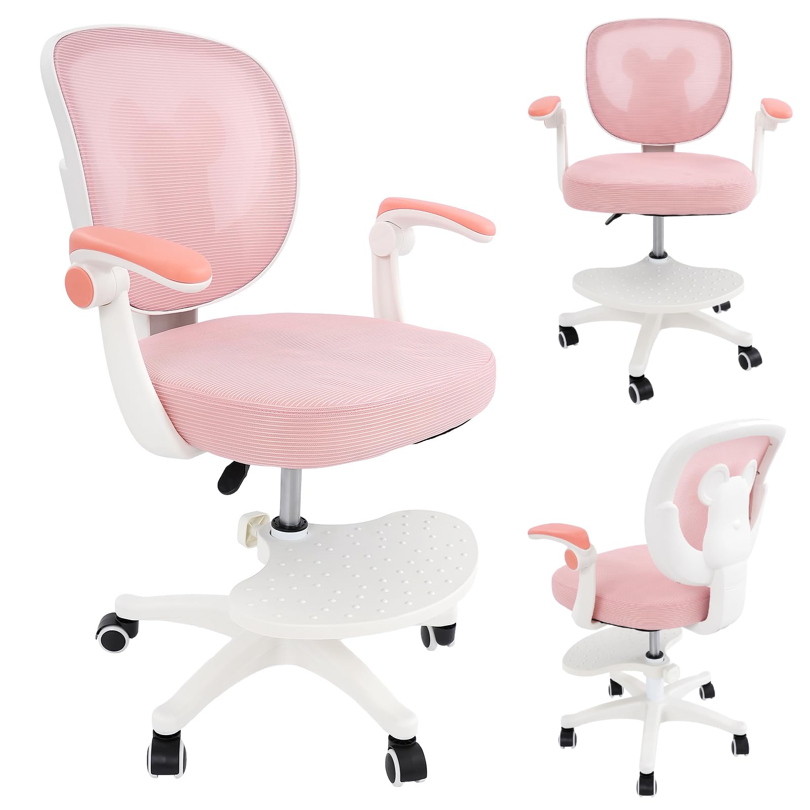 Kids Desk Chair with Adjustable Height, Adjustable Armrests, Swivel Chair for Kids with Footrest, Desk Chair for Kids Age 6-18 (Pink)