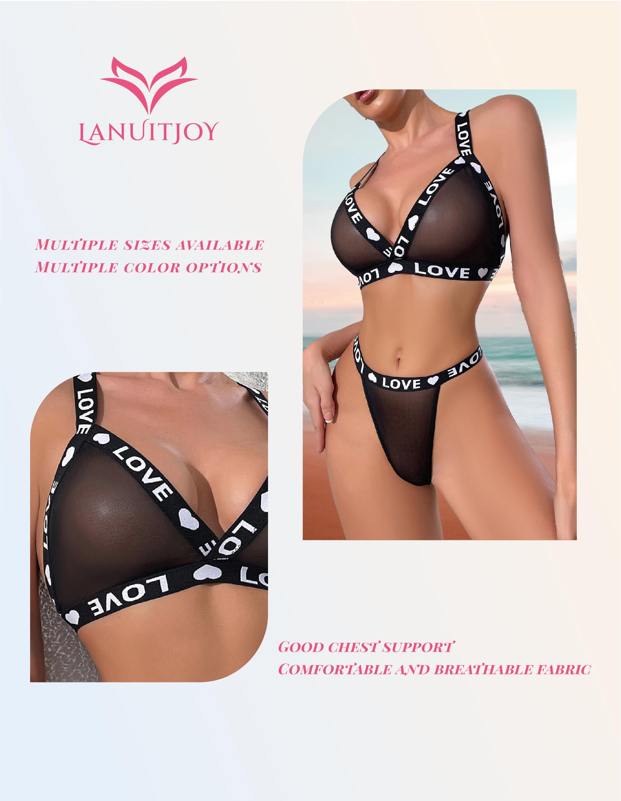Lingerie for Women Plus Size Letter Print Matching Bra and Panty Sets Sexy Plus Size Lingerie Sexy Bra and Panty Sets: Medium Black-mesh