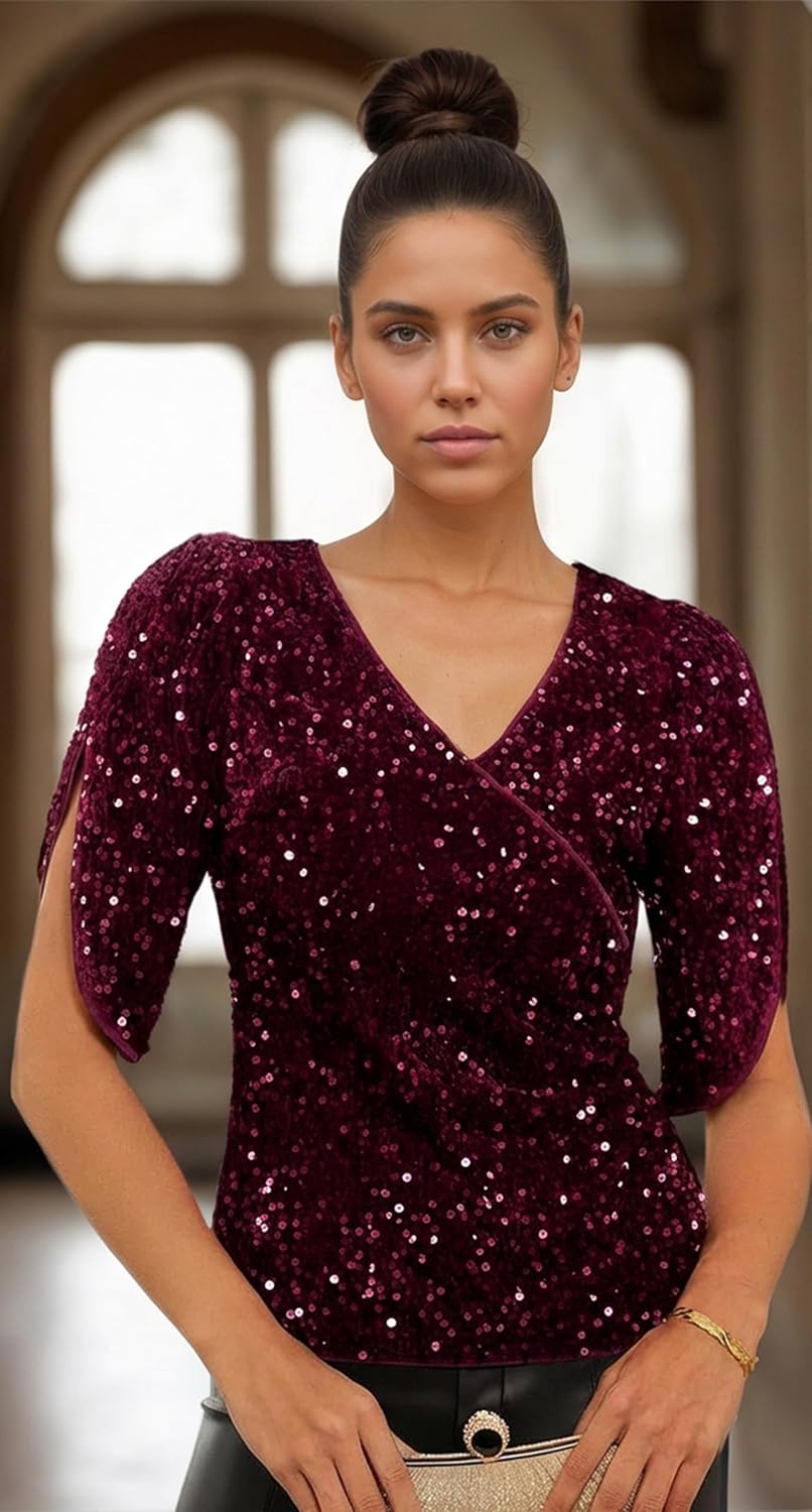 Womens Sequin Tops 3/4 Sleeve Sparkly Tops V Neck Velvet Sequin Shirt Concert Party Club Glitter Top - Image 2