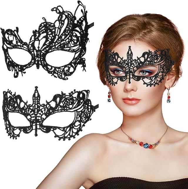 Aomig Maschera Carnevale Nera, 2 Pezzi Maschera di Pizzo Sexy per Donna, Mascherina Carnevale Viso in Pizzo, Maschere di Travestimento per Halloween, Cosplay, Feste, Gotico