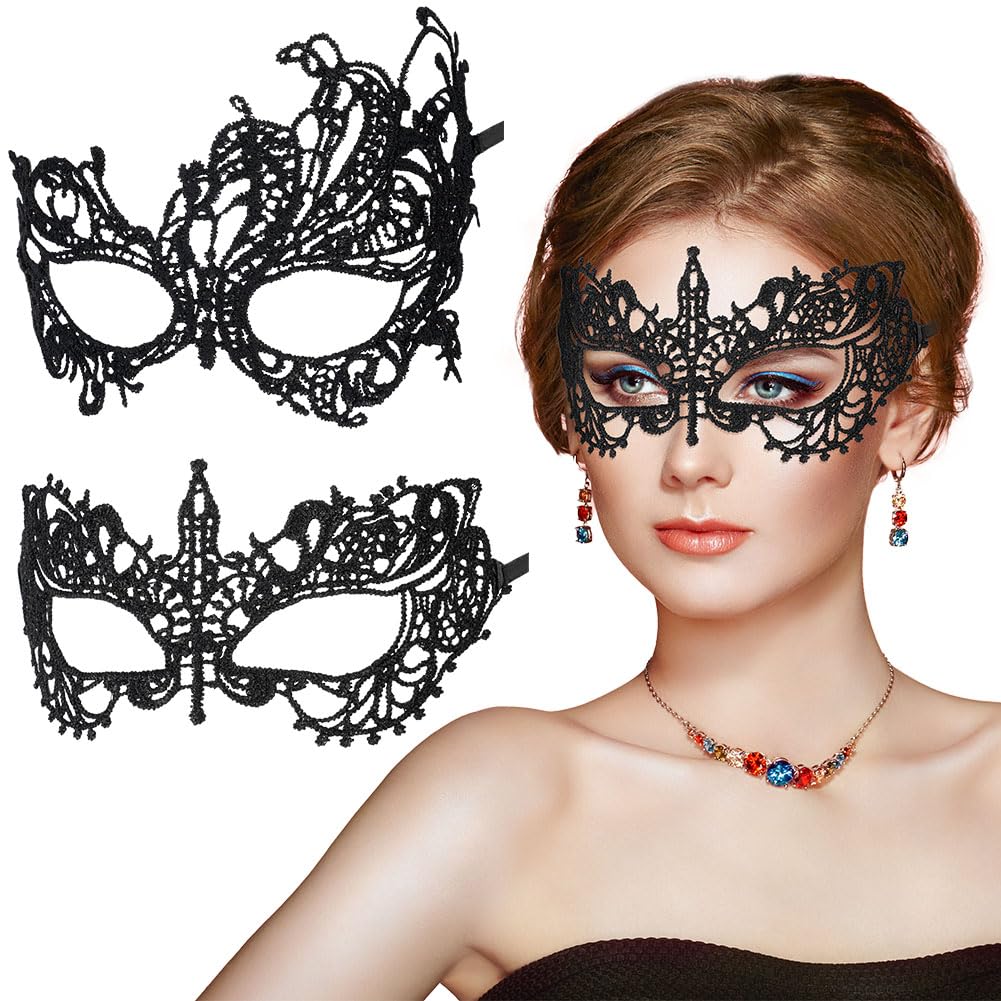 Aomig Spitze Maske, 2PCS Venezianische Maske Spitze Damen, Schwarz Sexy Lace Augenmaske für Frauen, Masken für Erwachsene, Augenmaske Maskerade Masken für Halloween Karneval Abendkleid Tanz Ball Party
