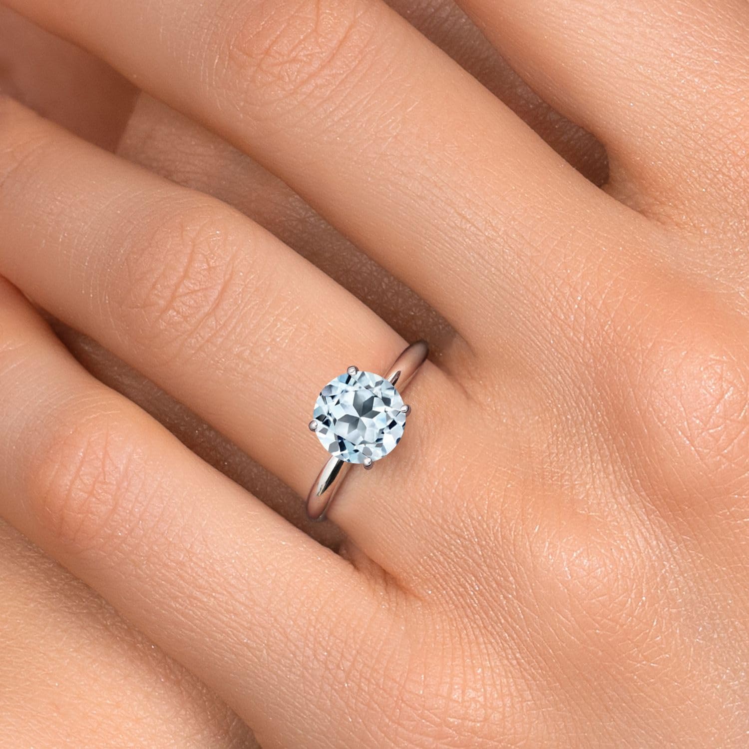 Gem Stone King 14K White Gold Gemstone Birthstone Solitaire Engagement Ring For Women | 8MM Round | Wedding Anniversary Promise Gold Ring