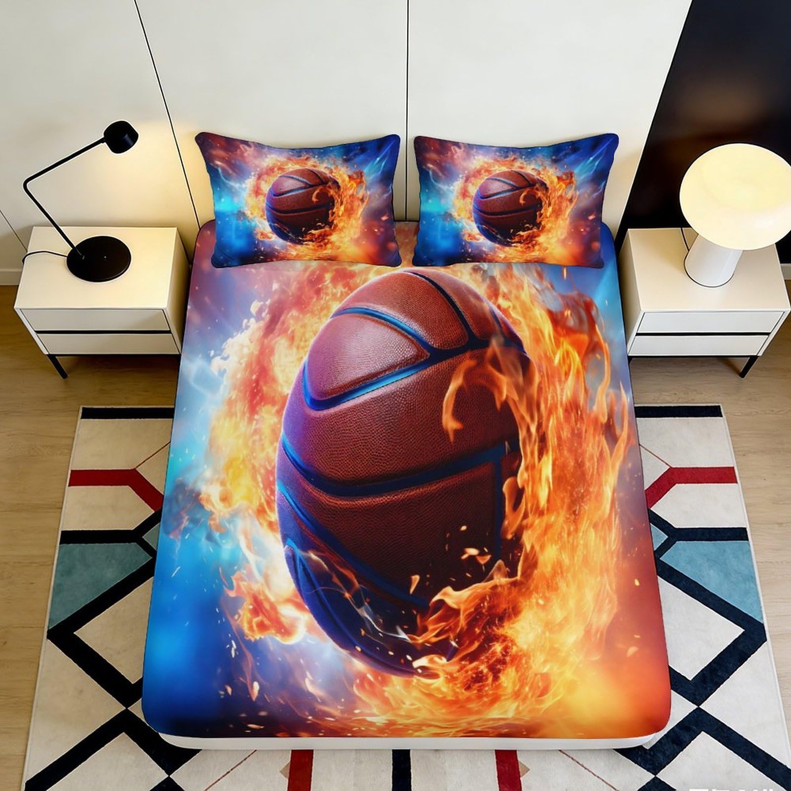 3D Printed Basketball Fire Fitted Sheet Microfiber Mattress Cover Flame Sports Bed Decor Anti-Slip for Bedroom Dorm 160x200x25cm