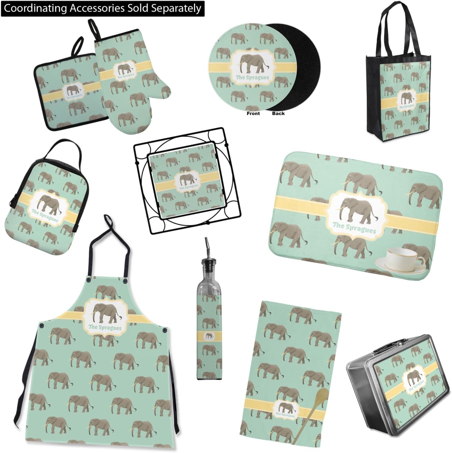 Personalized Elephant Right Oven Mitt & Pot Holder Set w/Name or Text