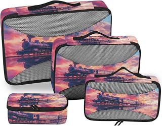 YMGQYJ Packing Cube Set Surreal Train Print, 4 Pcs Wide Zipper Opening Luggage Organizers Travel Accessories for Organizing Clothing in Suitcases
