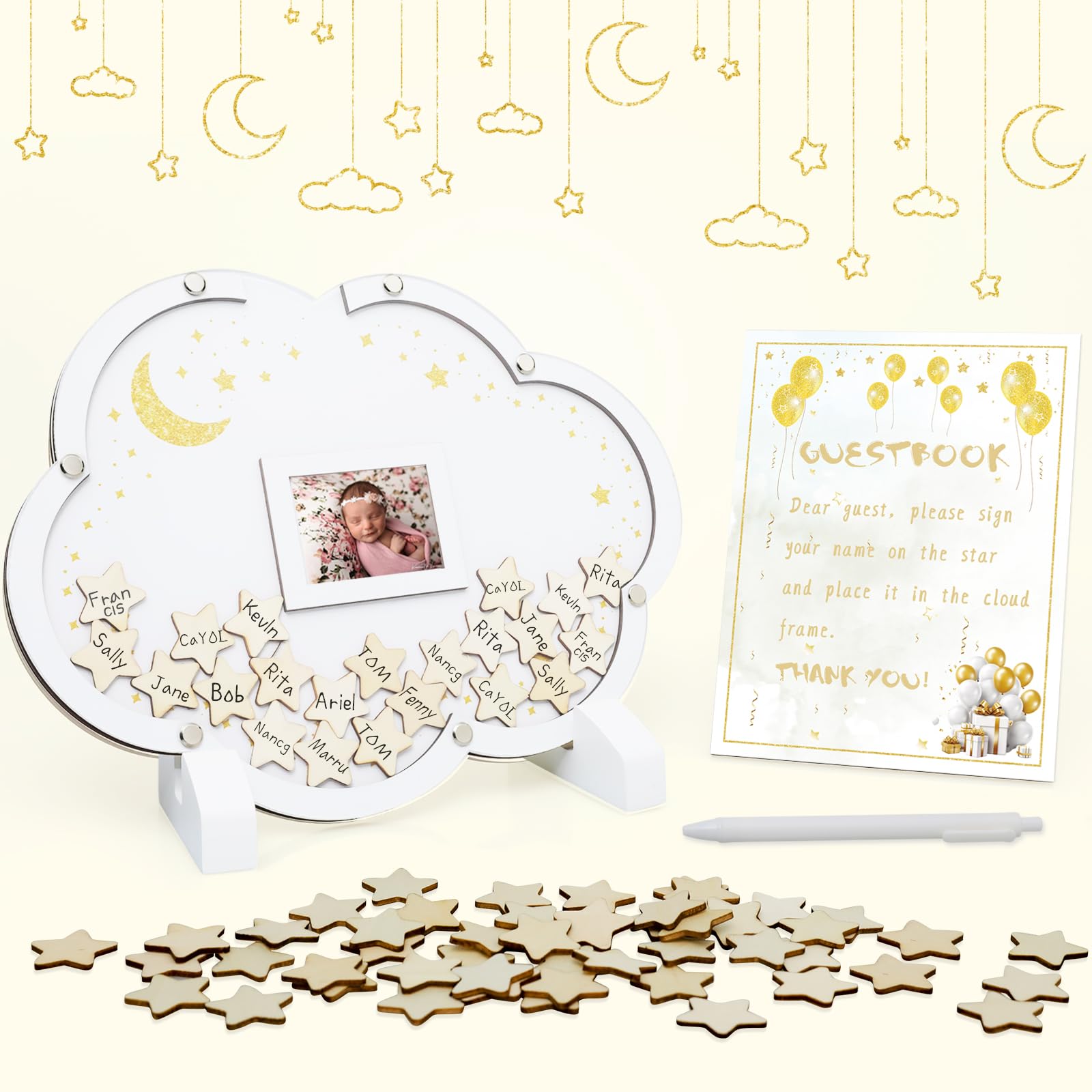 xiheer Alternativas de libro de invitados para baby shower, decoraciones de baby shower con 70 estrellas pequeñas, instrucciones de madera y bolígrafo, marco de fotos para alternativas de libro de