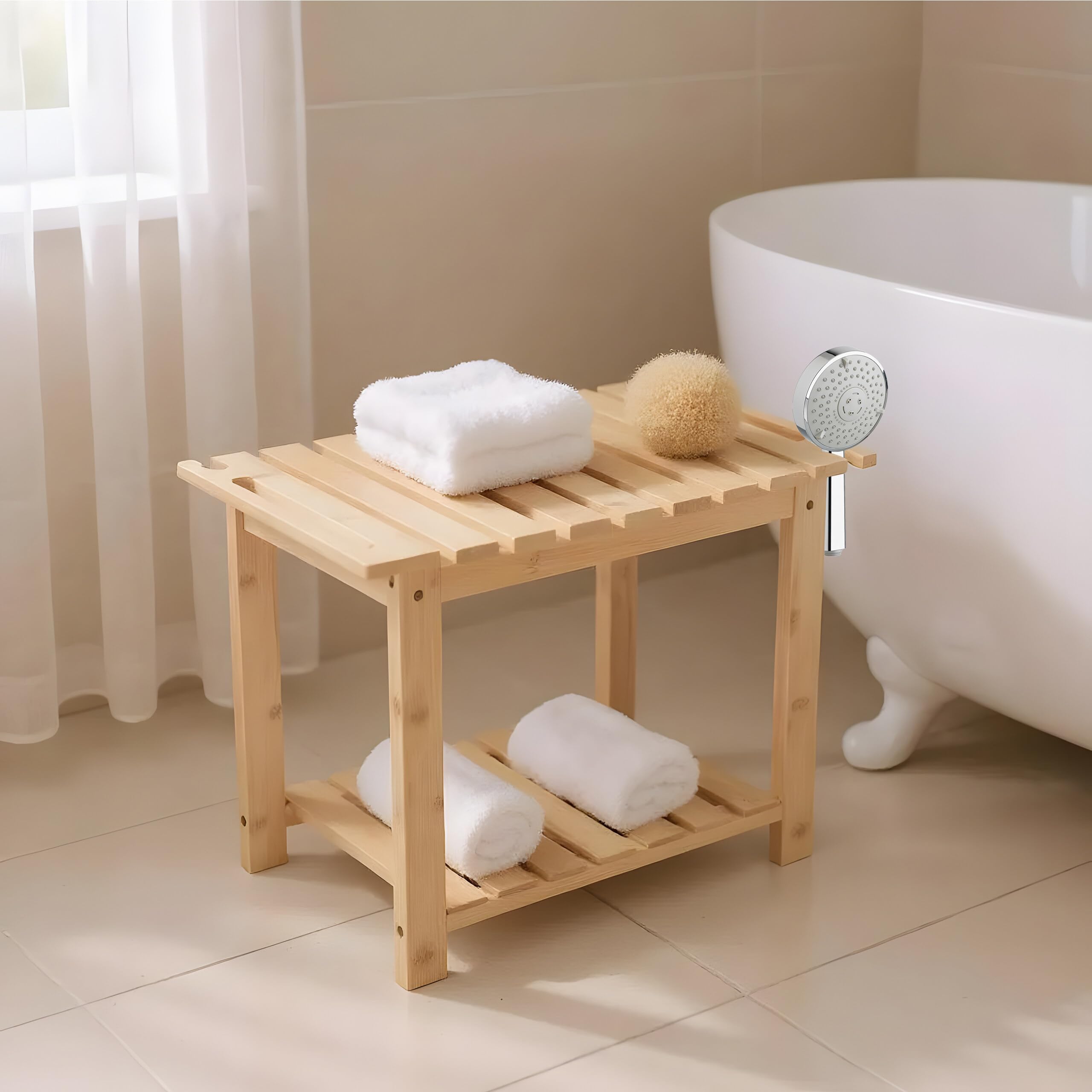 Relaxdays Sgabello in bambù con ripiano, Maniglie, portadoccia, 42x53x33 cm, Colore Naturale