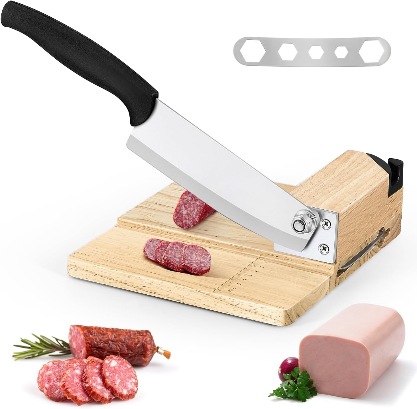 Moongiantgo Biltong Slicer Jerky Slicer Cutter with Built-in Knife Sharpener Detachable Knife Rubber Wood Base for Beef Jerky Deli Delicatessen Bacon Hard Fruits Vegetables Herb Ginseng Pastry