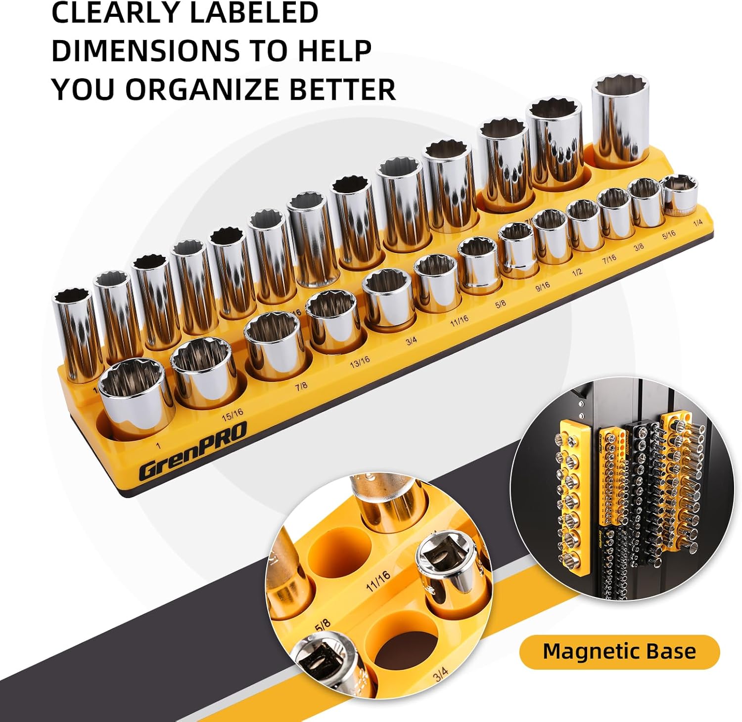 Socket Organizer for Tool Box Drawer, 6pc 143 Metric & SAE Magnetic Socket Holder, 1/4", 3/8", 1/2" Drive Socket Tray Set, Magnetic Socket Organizer