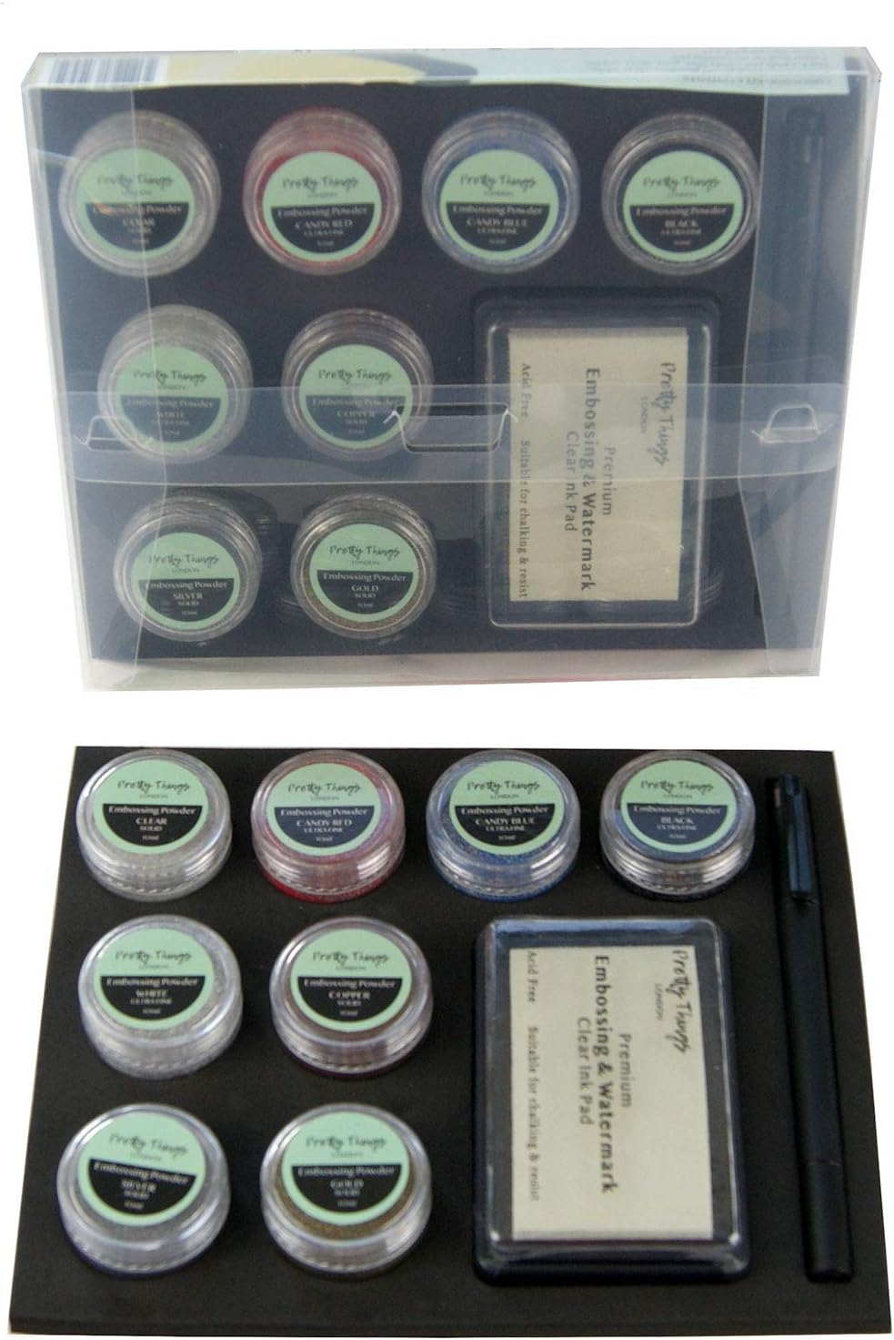 Embossing Powder Set | 8 Glitter Embossing Powder | Clear Ink Stamp Pad | Dual Tip Pen | Pretty Things London