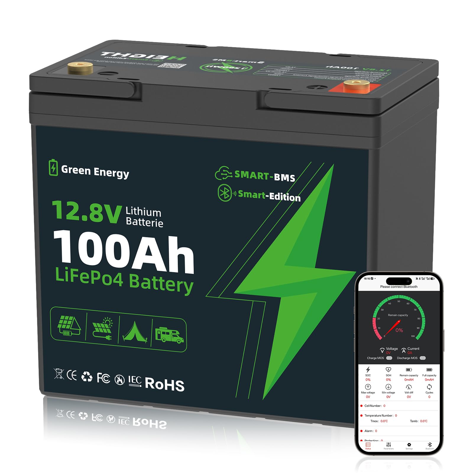 100Ah LiFePO4 Bluetooth, 15000 Zyklen Lithium Battery Bluetooth fähig BMS-Kälteschutzfunktion Zyklenlebensdauer von bis zu 1280Wh, Geeignet für Wohnmobile Boote und Camping