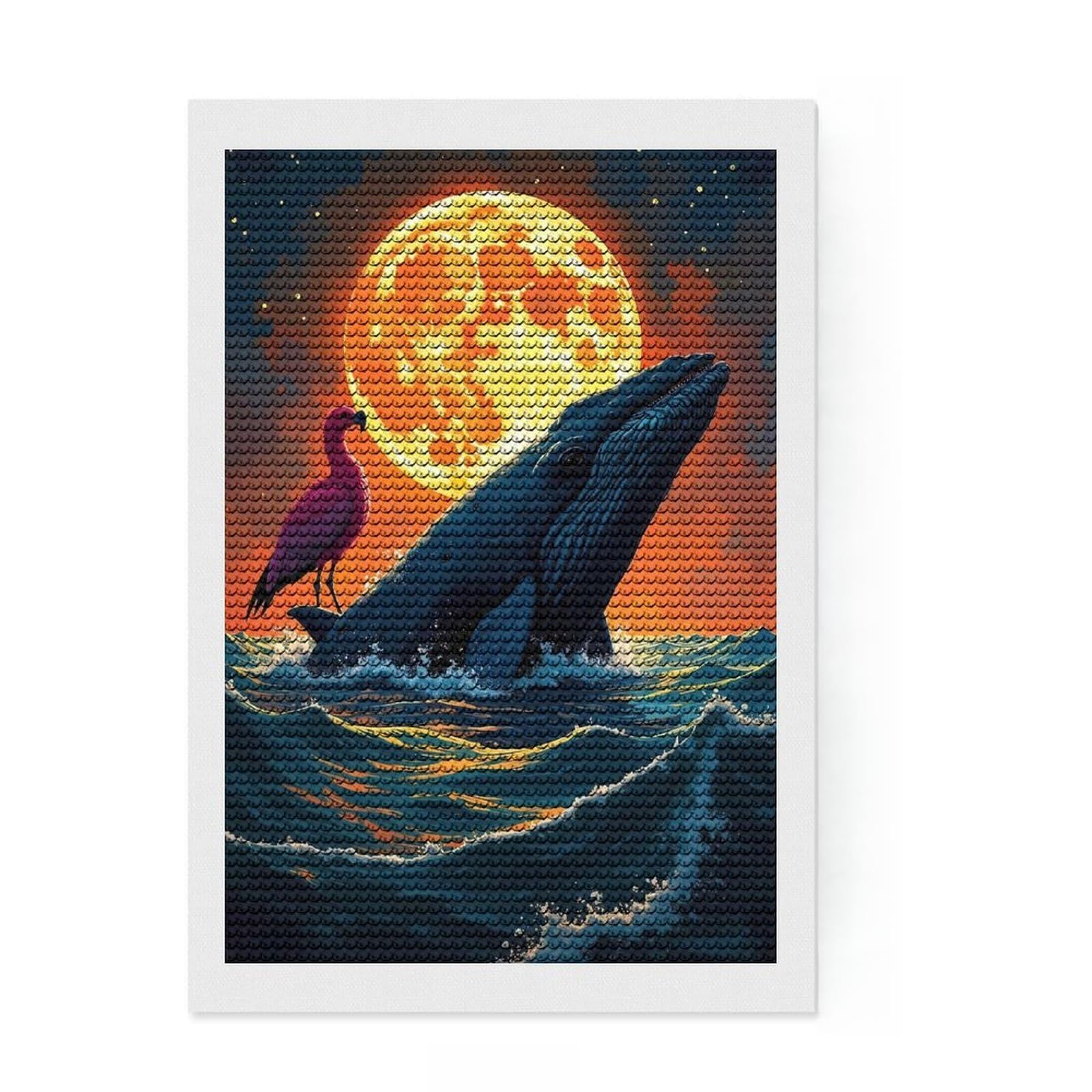 Junmoney Whale, Flamingo, and Moon Fantasy Art Diamond Art Canvas 8"x12", Neat Printed Canvas, Mindful Craft Activity, Cosy Home Accent, Festive Craft Gift