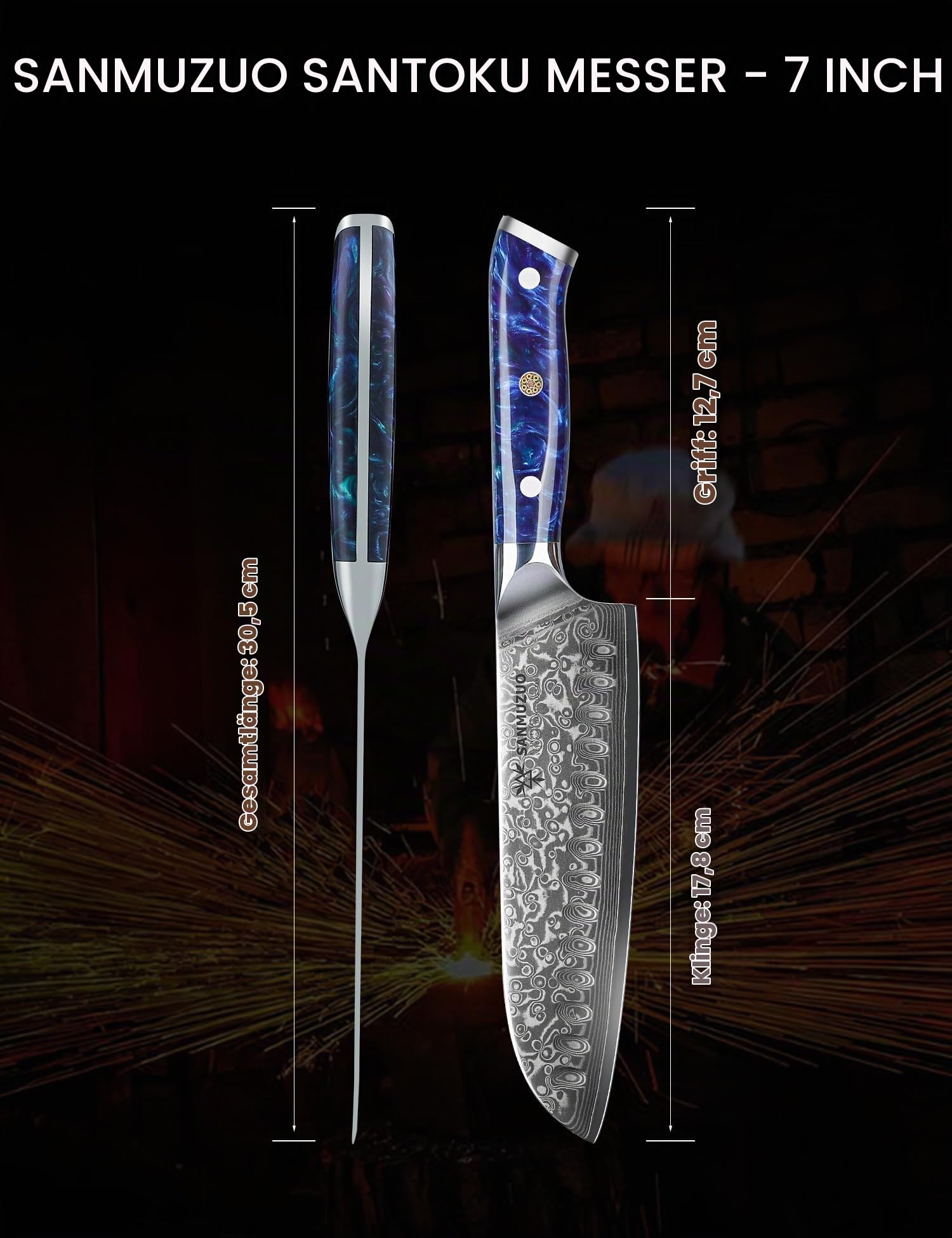 Damastmesser 18 cm Santokumesser - Japanisches Kochmesser - VG 10 Damaskus Stahl Küchenmesser mit Harzgriff - Xuan Serie(Saphirblau)